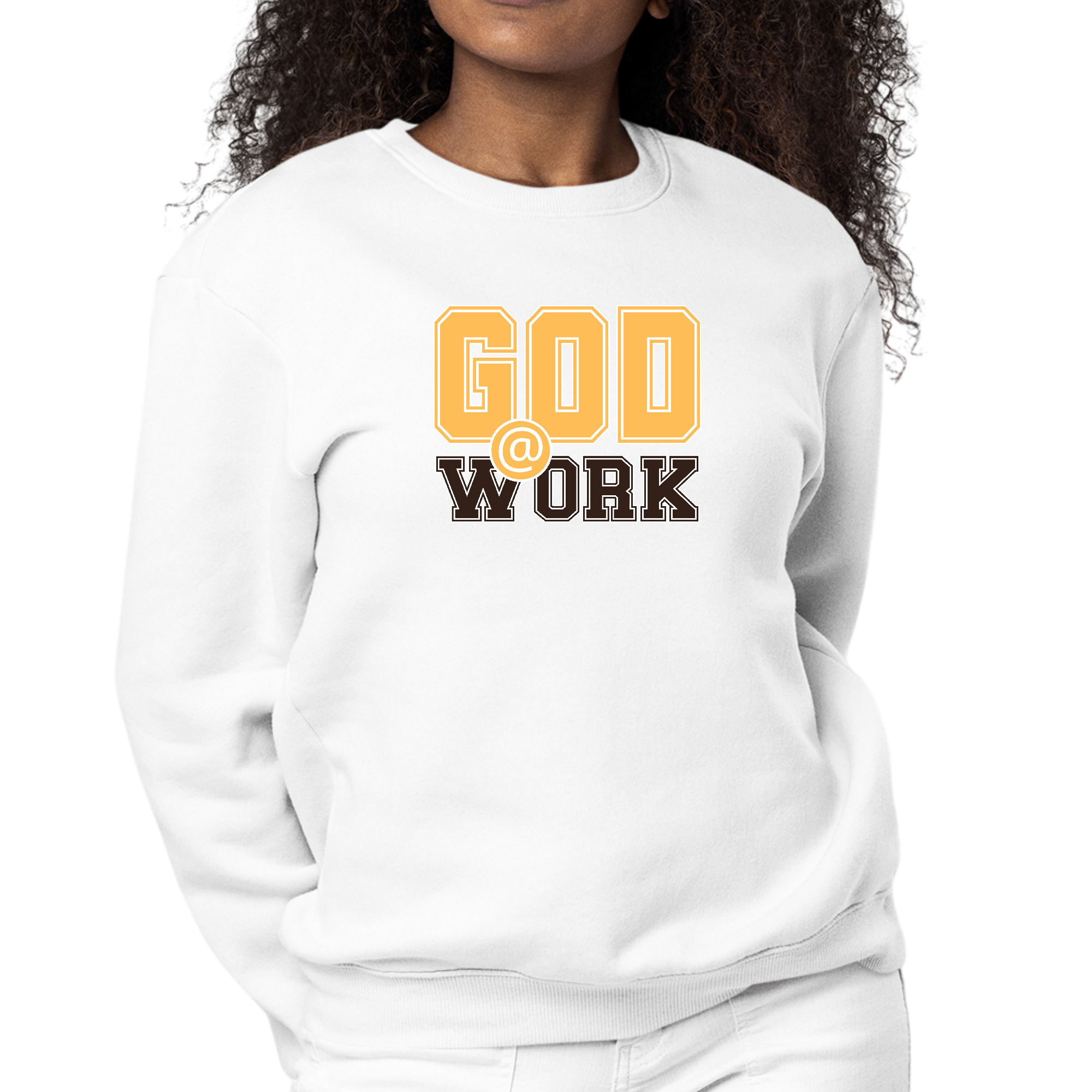 Women's long sleeve crewneck sweatshirt in golden yellow and brown with 'God @ Work' graphic print.