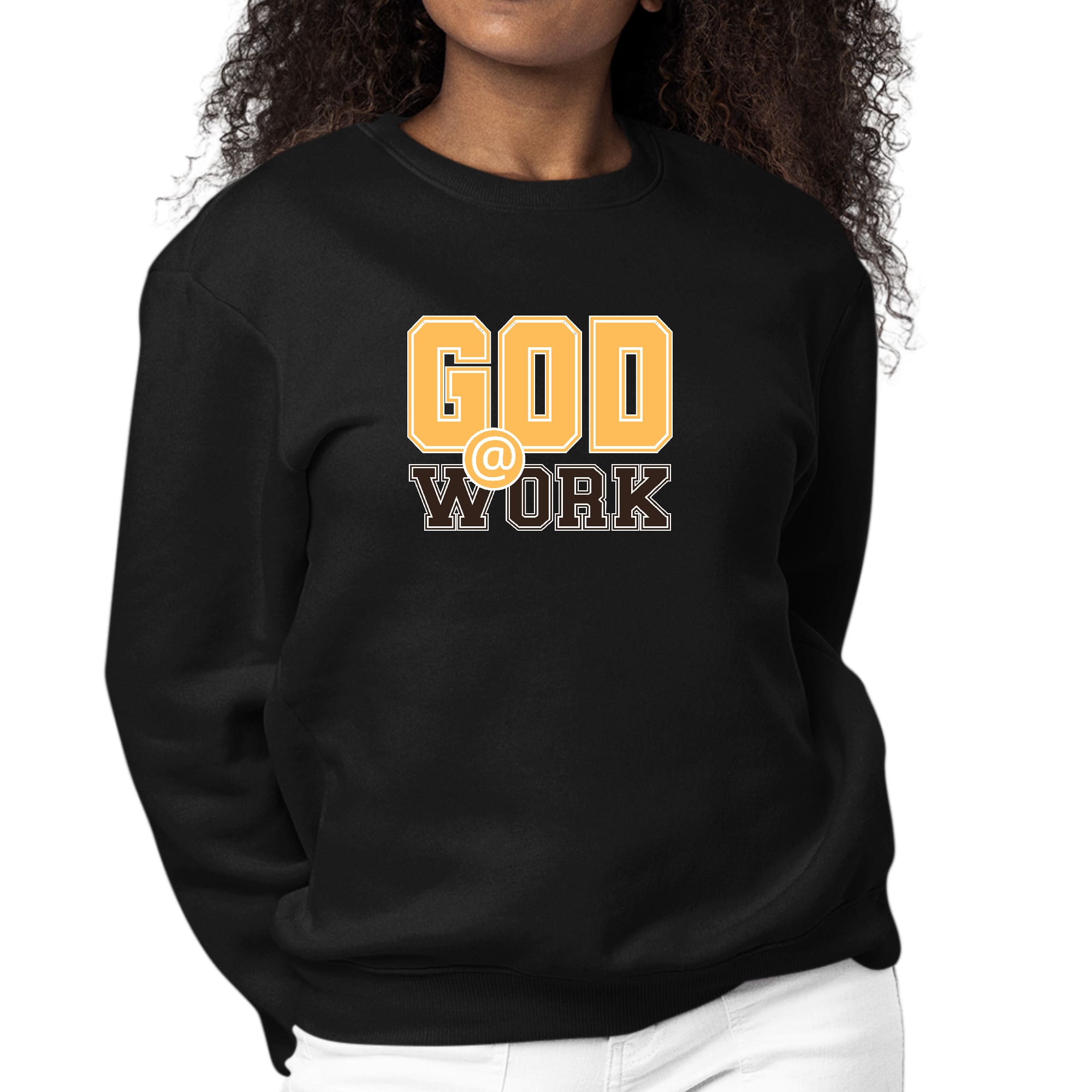 Women's long sleeve crewneck sweatshirt in golden yellow and brown with 'God @ Work' graphic print.