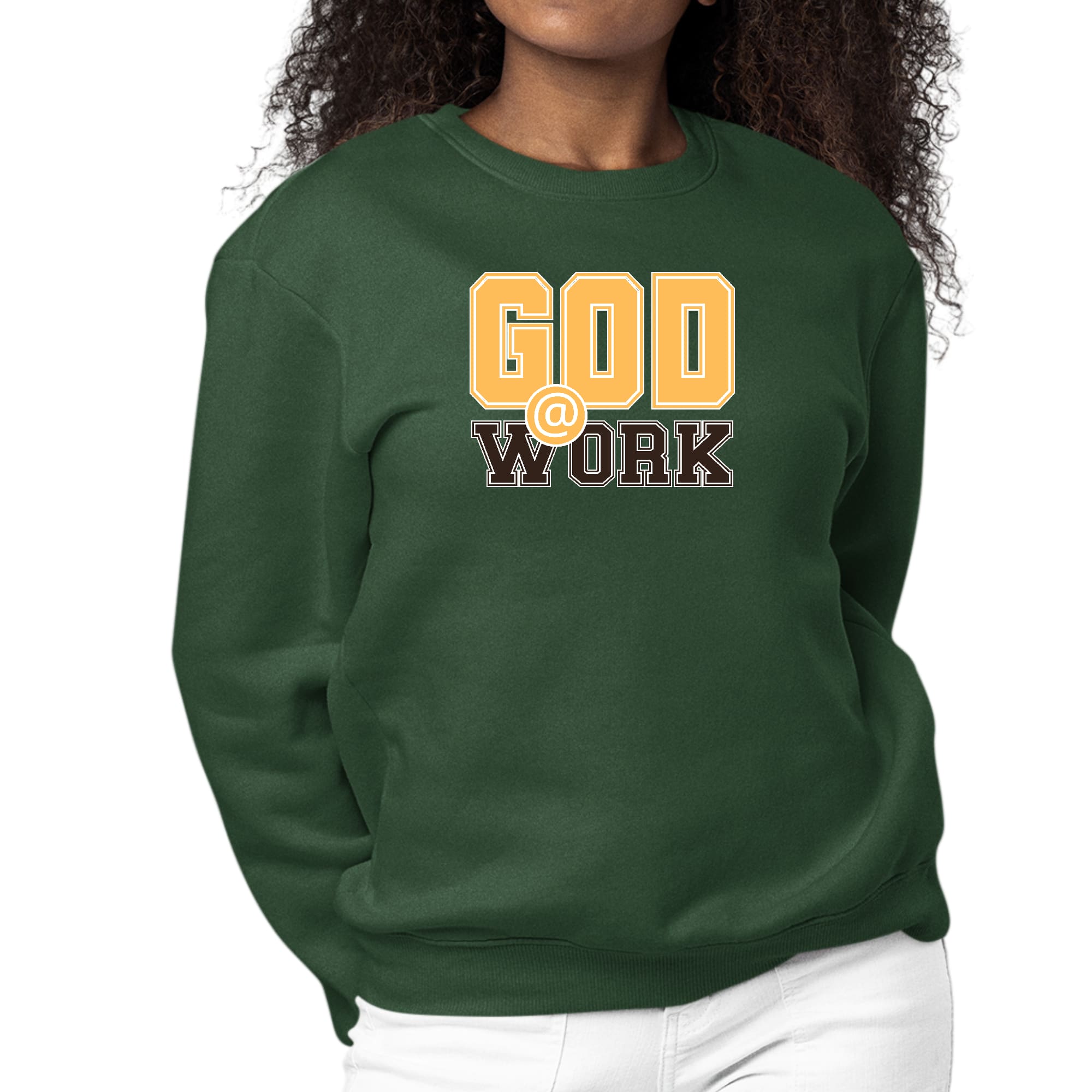 Women's long sleeve crewneck sweatshirt in golden yellow and brown with 'God @ Work' graphic print.