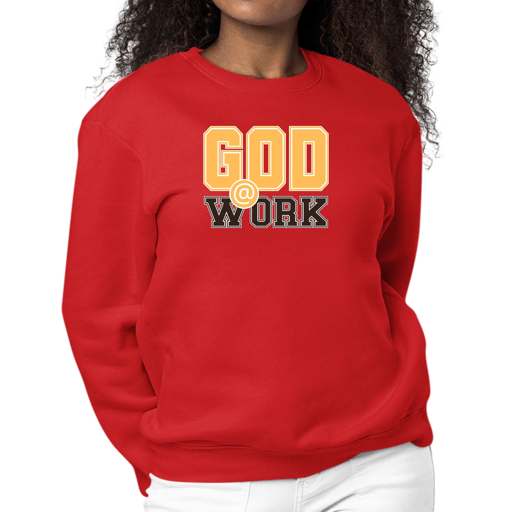 Women's long sleeve crewneck sweatshirt in golden yellow and brown with 'God @ Work' graphic print.
