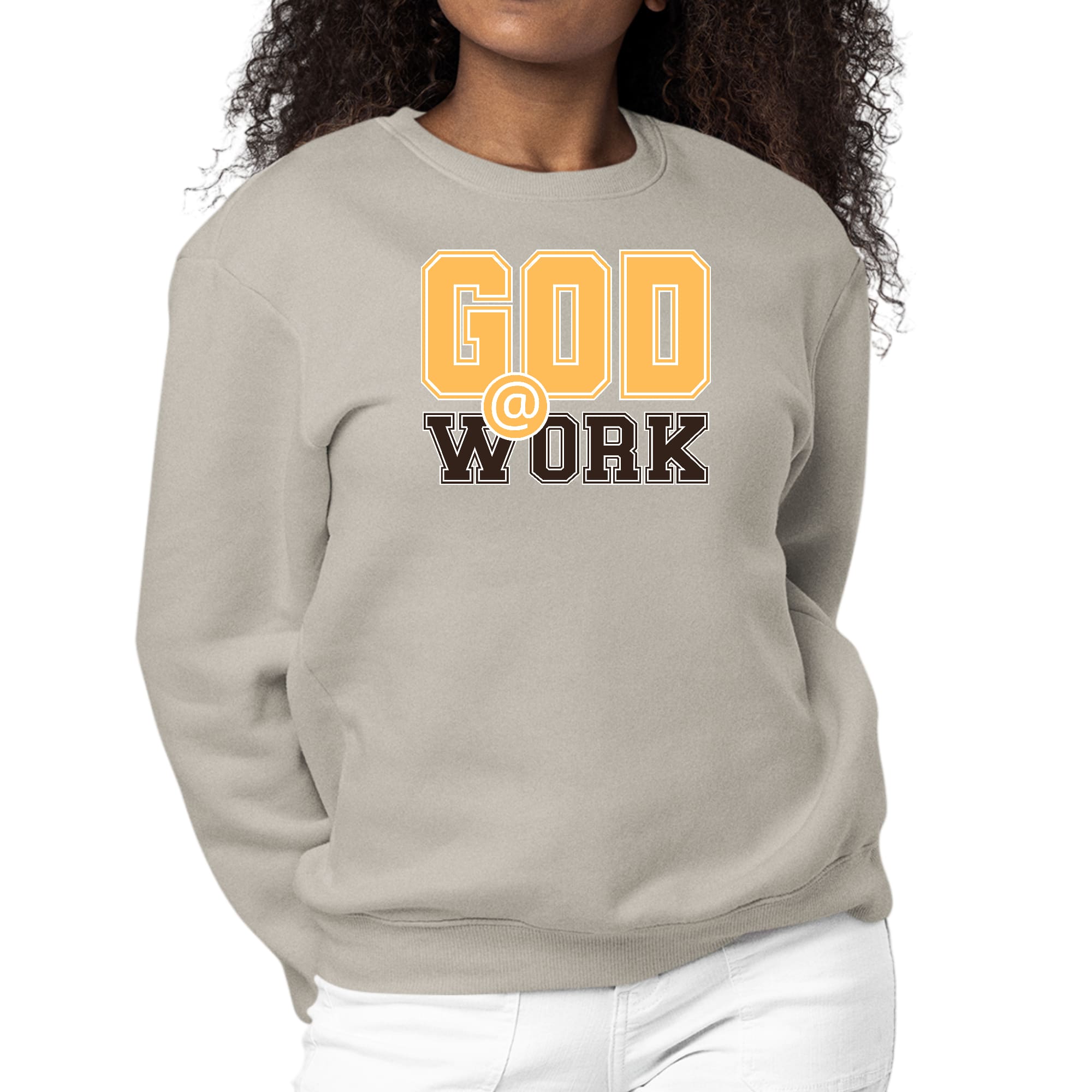 Women's long sleeve crewneck sweatshirt in golden yellow and brown with 'God @ Work' graphic print.