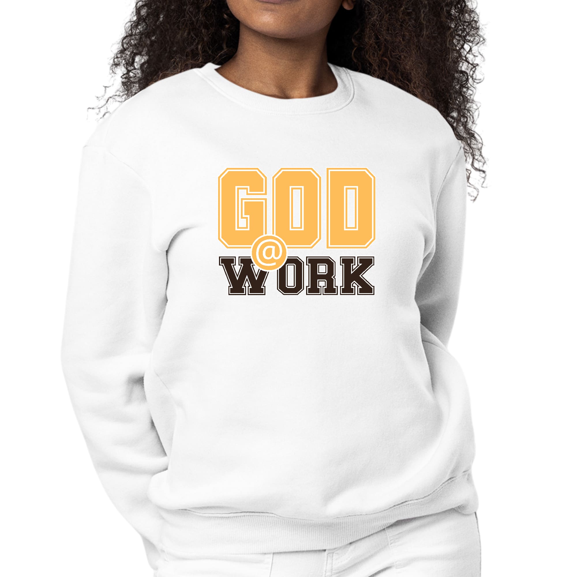 Women's long sleeve crewneck sweatshirt in golden yellow and brown with 'God @ Work' graphic print.