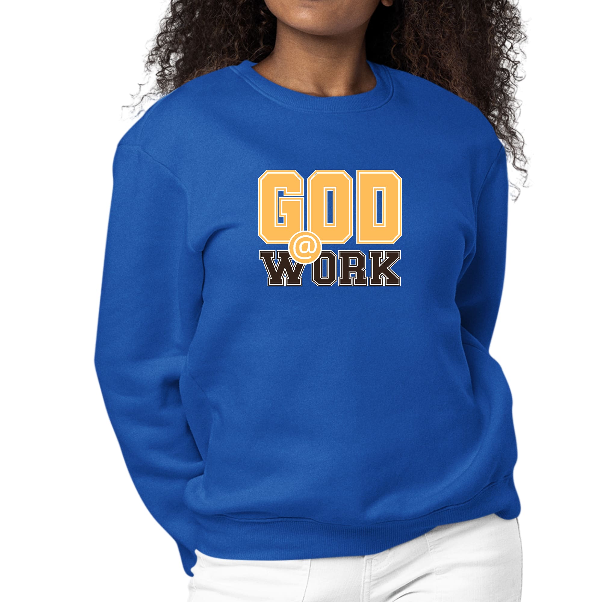 Women's long sleeve crewneck sweatshirt in golden yellow and brown with 'God @ Work' graphic print.