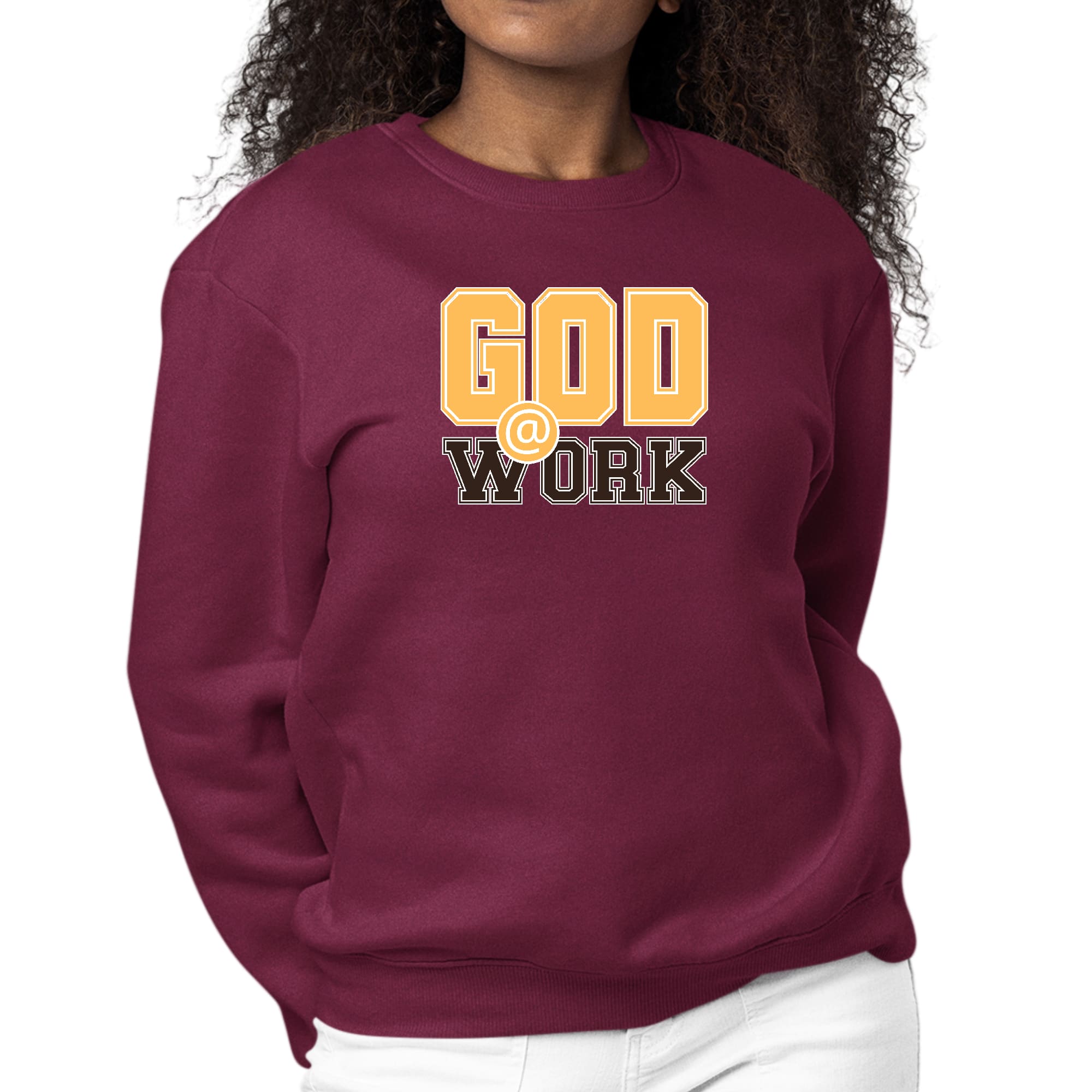Women's long sleeve crewneck sweatshirt in golden yellow and brown with 'God @ Work' graphic print.