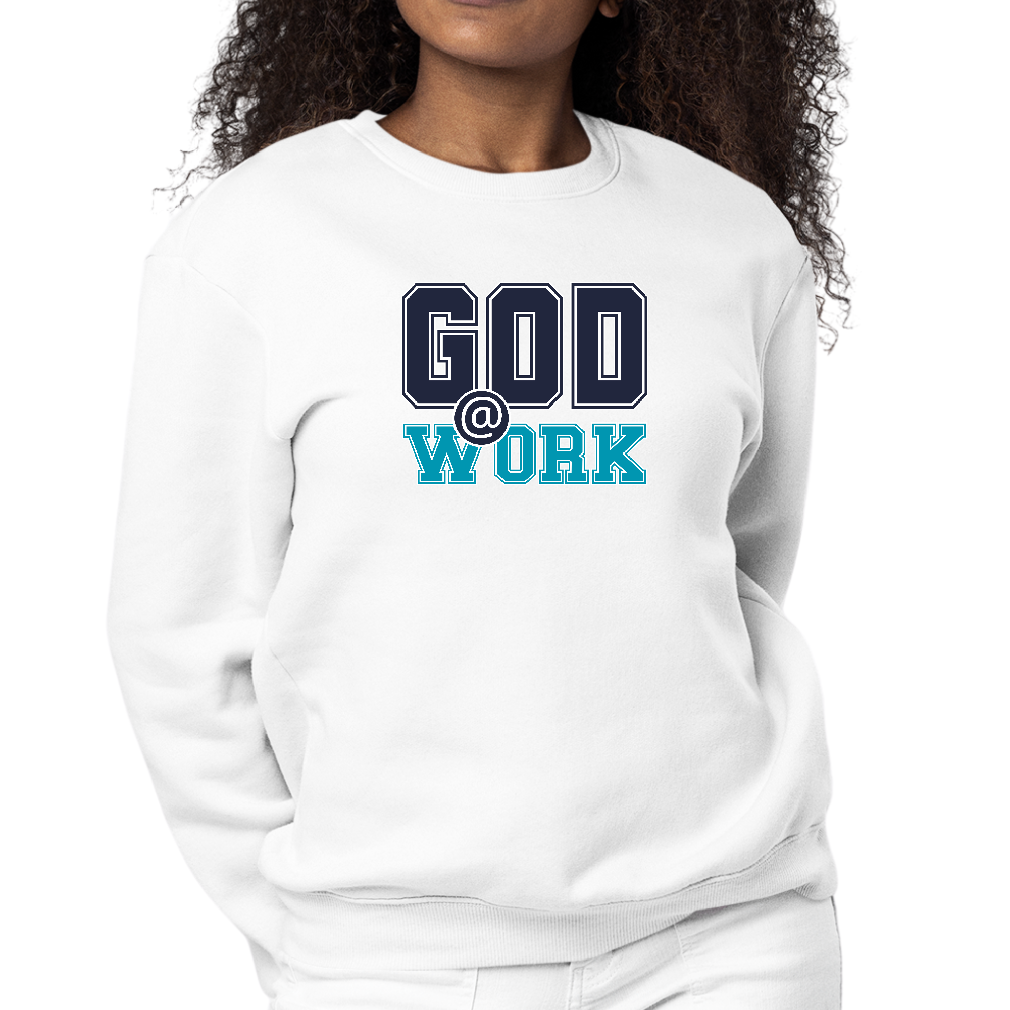 Women's navy blue sweatshirt with blue green 'God @ Work' graphic print, featuring long sleeves and ribbed collar.