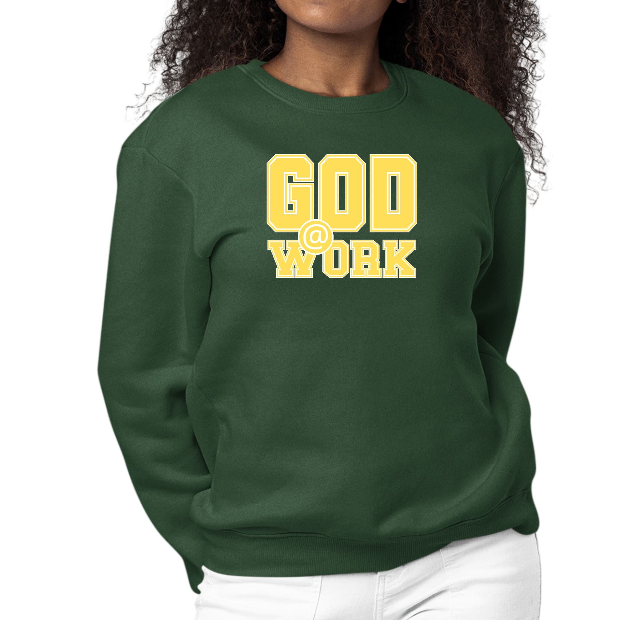 Women's graphic sweatshirt featuring 'God @ Work' in yellow and white print, designed for comfort and durability.