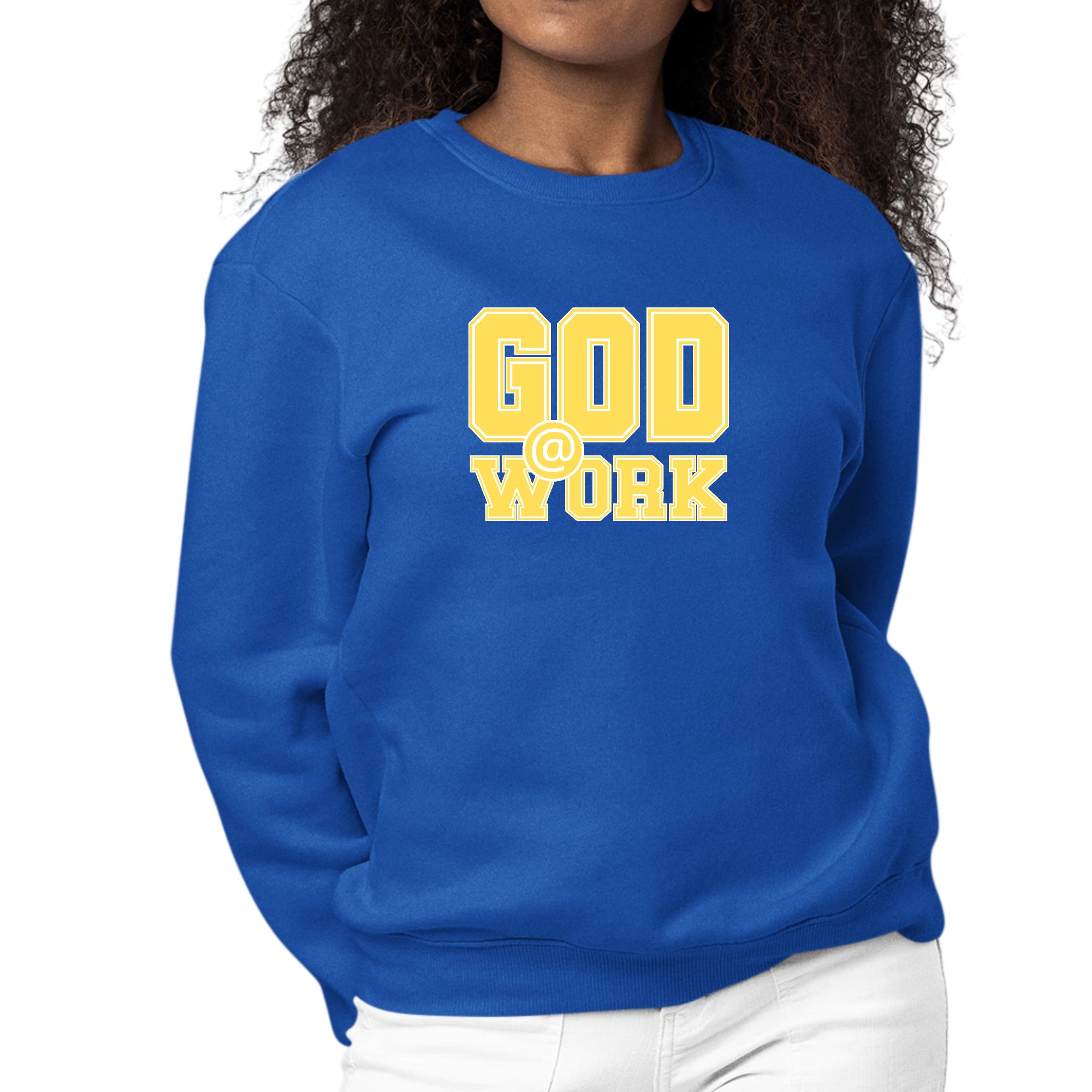 Women's graphic sweatshirt featuring 'God @ Work' in yellow and white print, designed for comfort and durability.