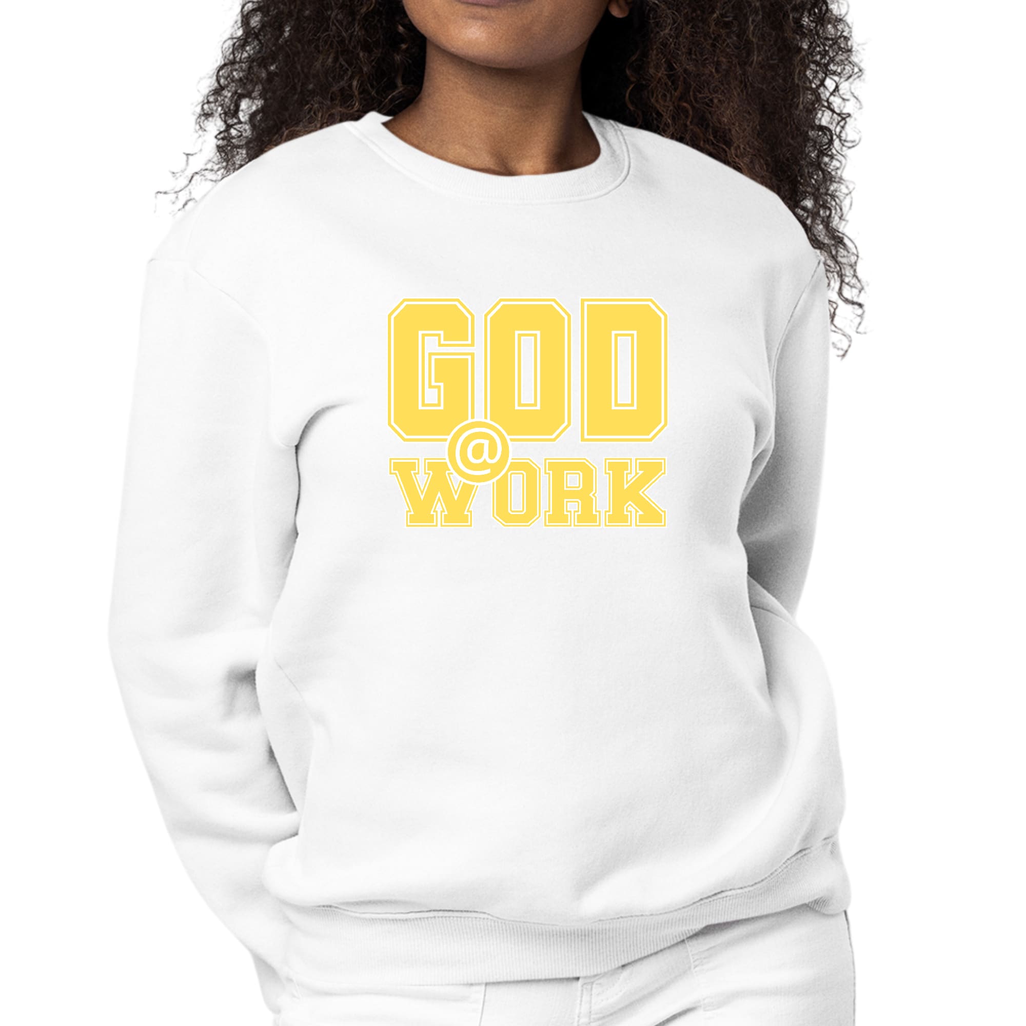 Women's graphic sweatshirt featuring 'God @ Work' in yellow and white print, designed for comfort and durability.