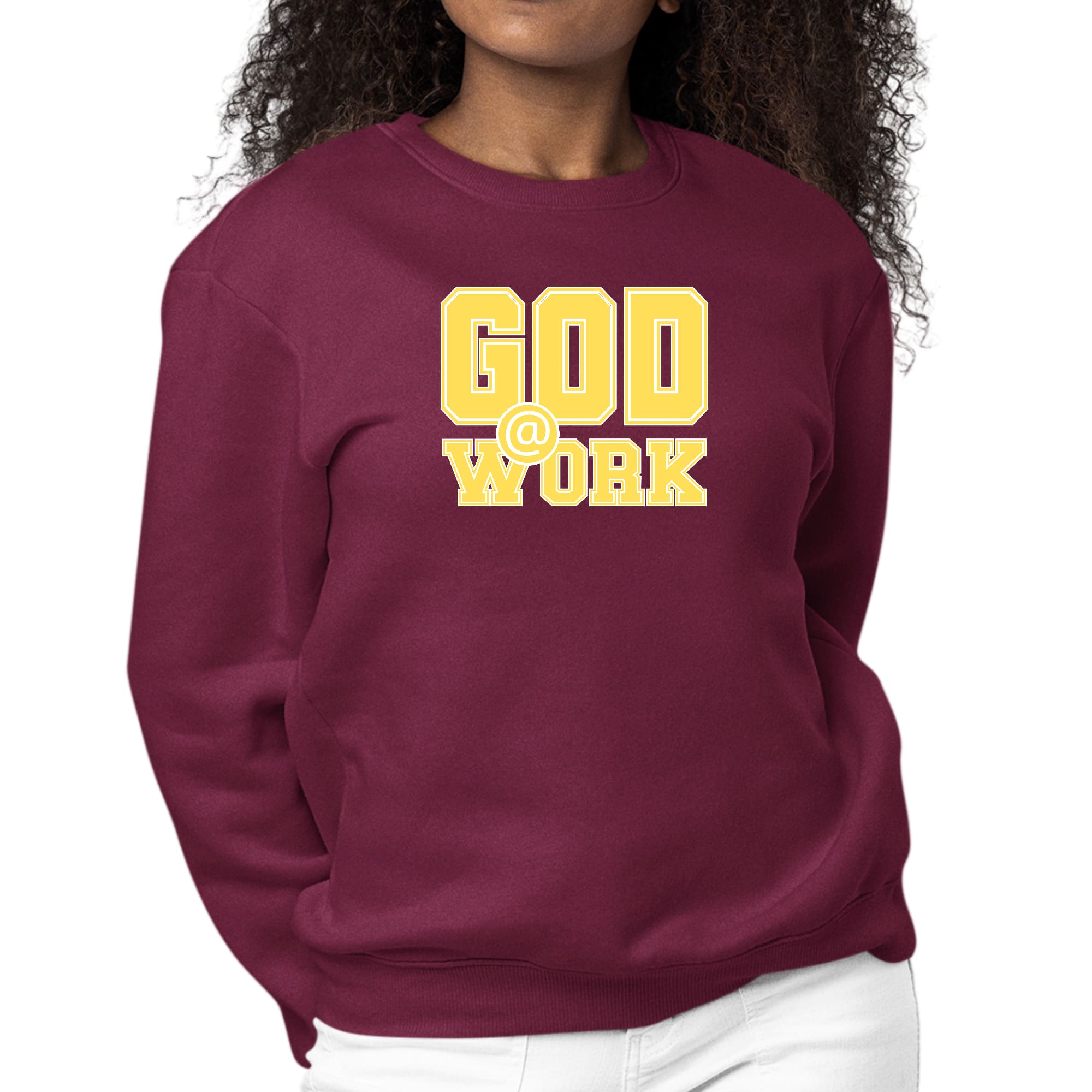 Women's graphic sweatshirt featuring 'God @ Work' in yellow and white print, designed for comfort and durability.