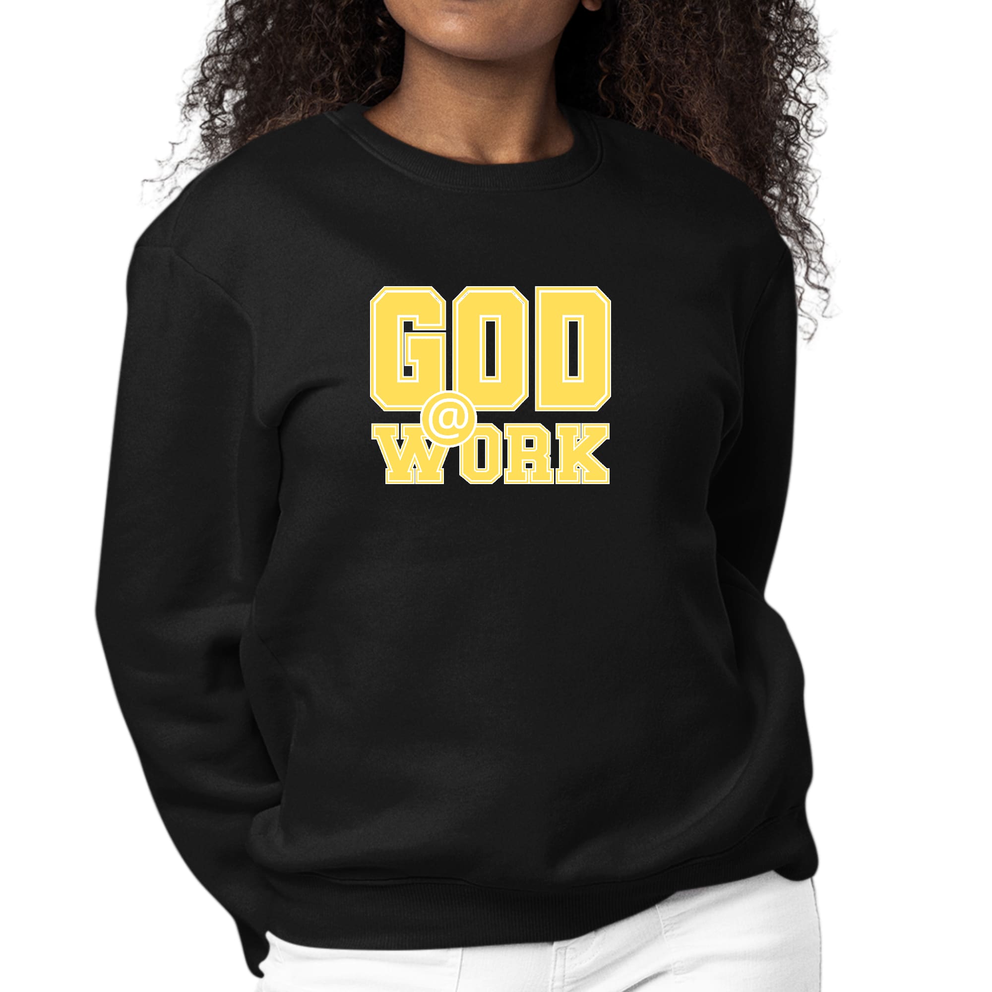Women's graphic sweatshirt featuring 'God @ Work' in yellow and white print, designed for comfort and durability.