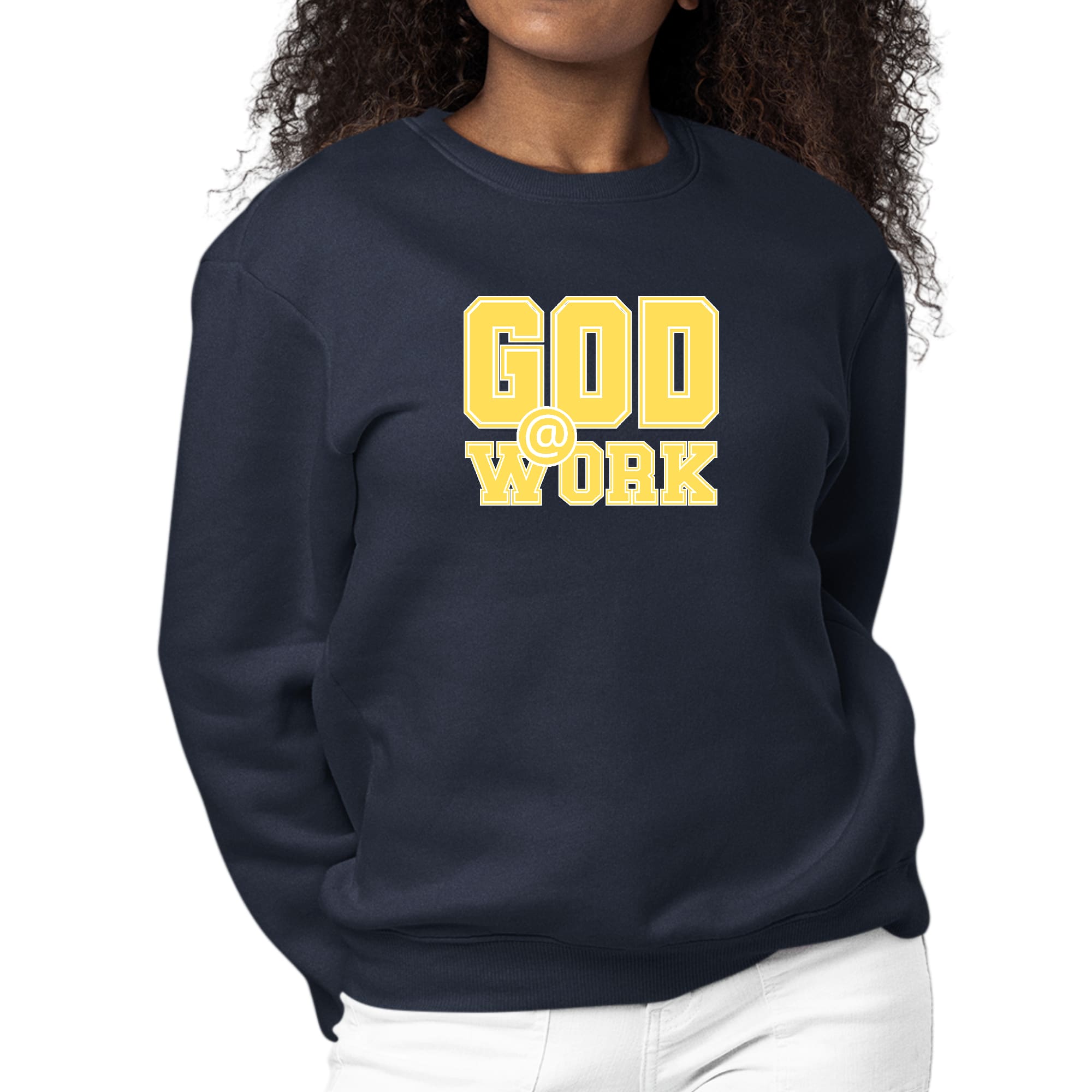 Women's graphic sweatshirt featuring 'God @ Work' in yellow and white print, designed for comfort and durability.