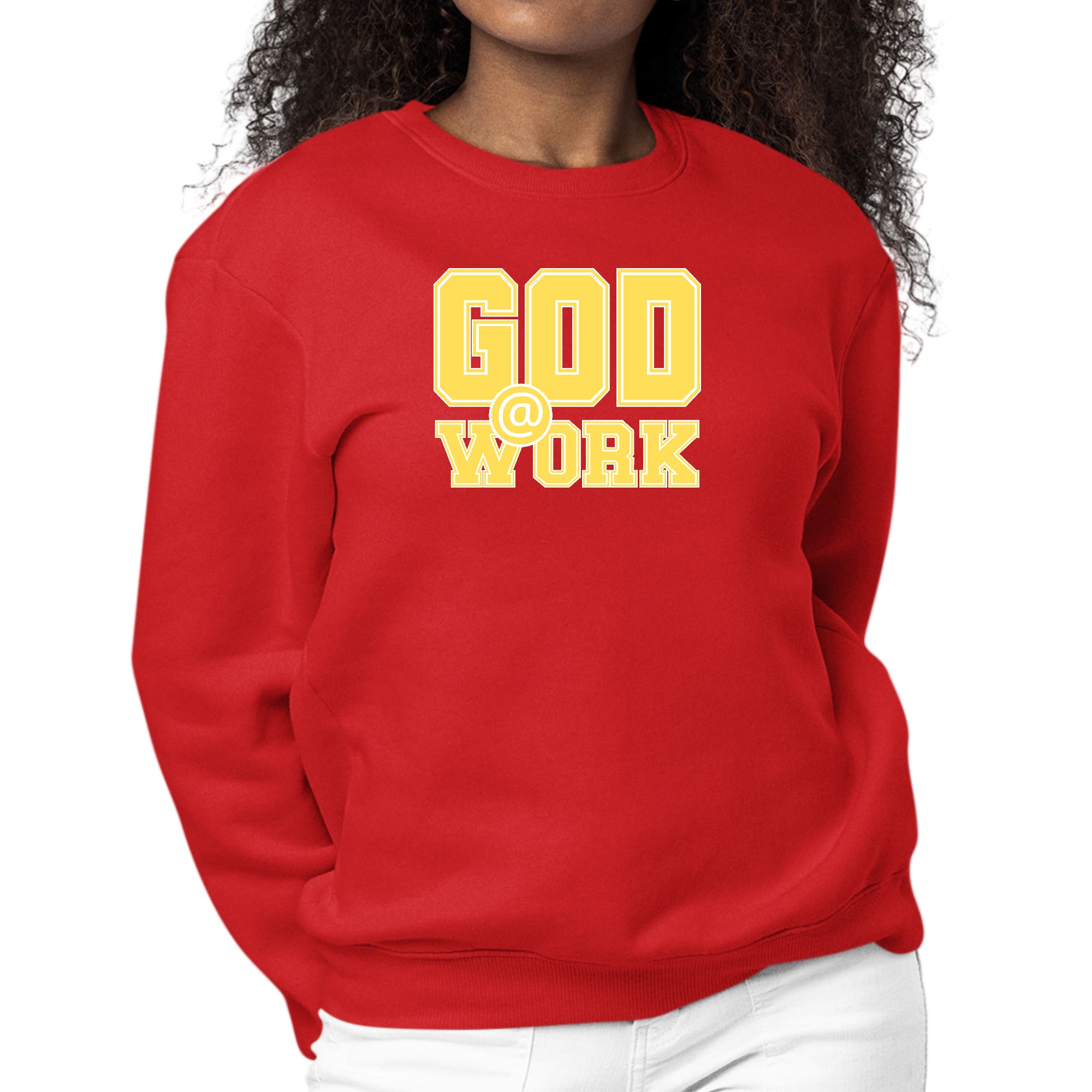 Women's graphic sweatshirt featuring 'God @ Work' in yellow and white print, designed for comfort and durability.