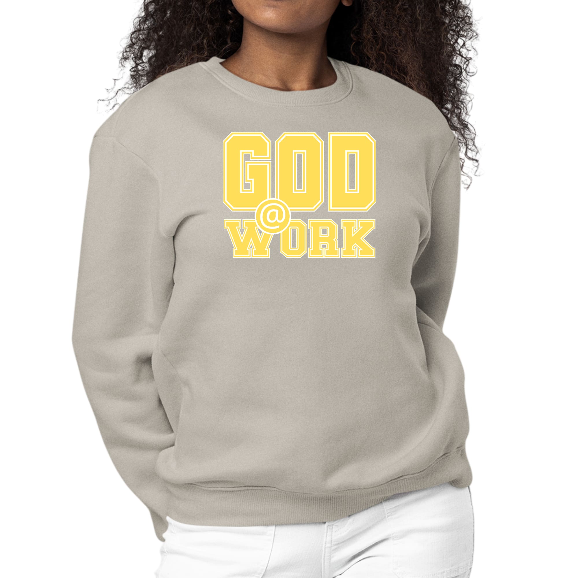 Women's graphic sweatshirt featuring 'God @ Work' in yellow and white print, designed for comfort and durability.