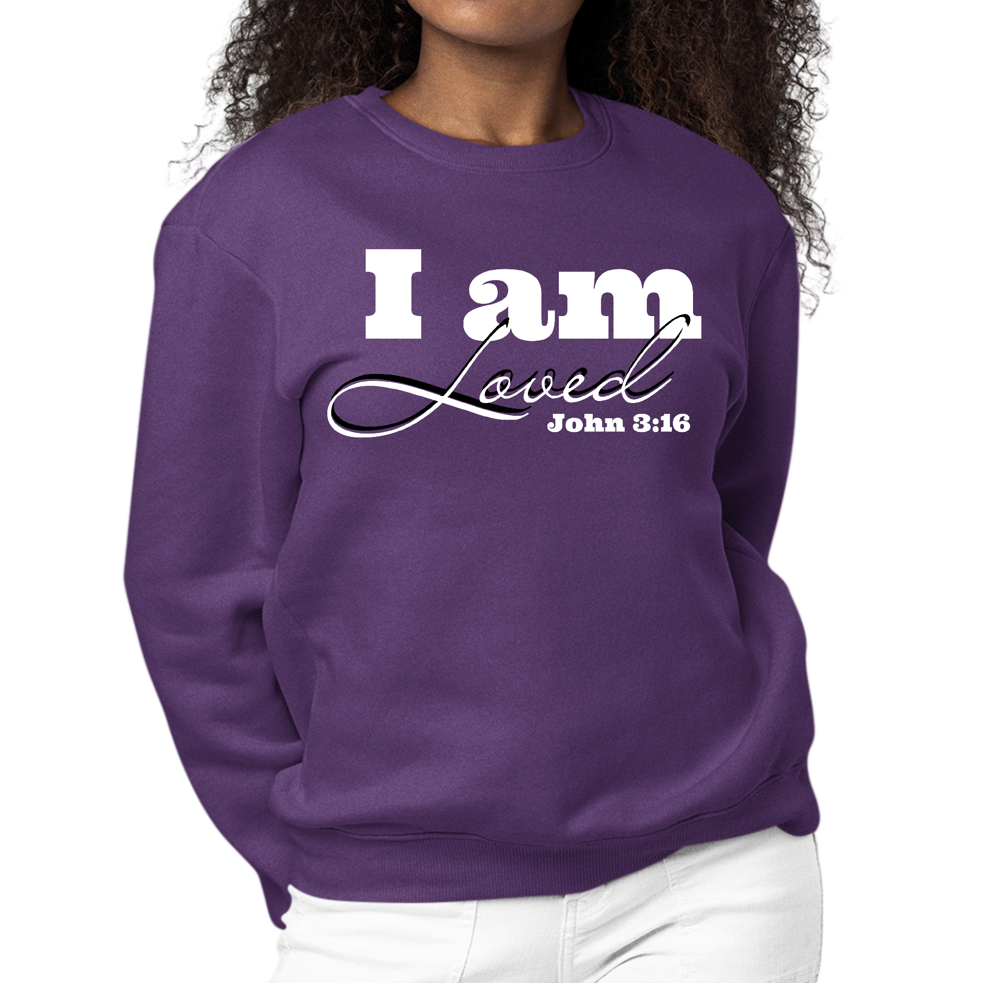 Women's long sleeve graphic sweatshirt with 'I Am Loved' John 3:16 illustration, featuring a comfortable crewneck design.