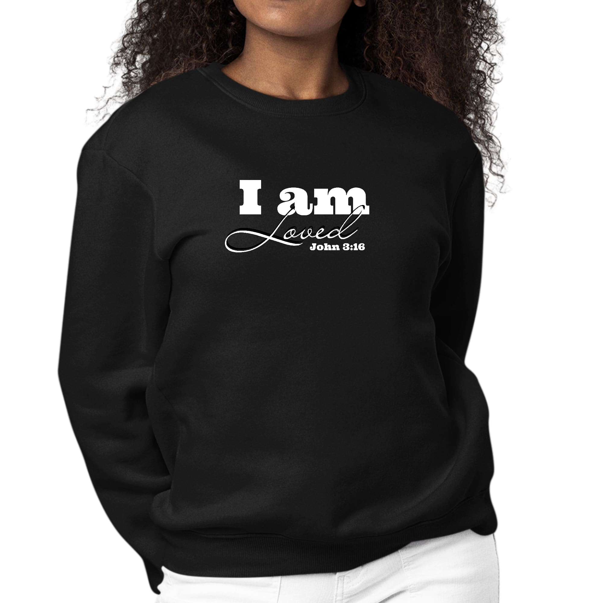 Women's long sleeve graphic sweatshirt with 'I Am Loved' John 3:16 illustration, featuring a comfortable crewneck design.