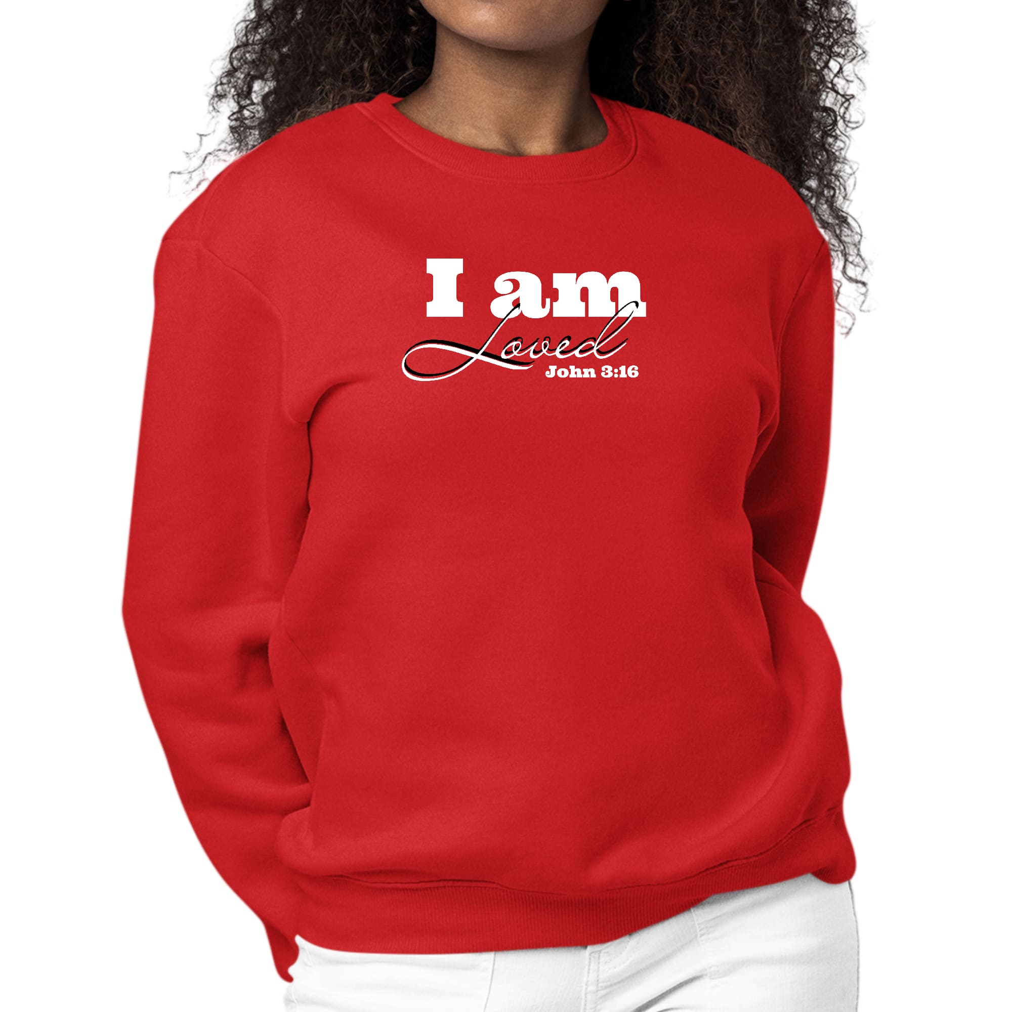 Women's long sleeve graphic sweatshirt with 'I Am Loved' John 3:16 illustration, featuring a comfortable crewneck design.