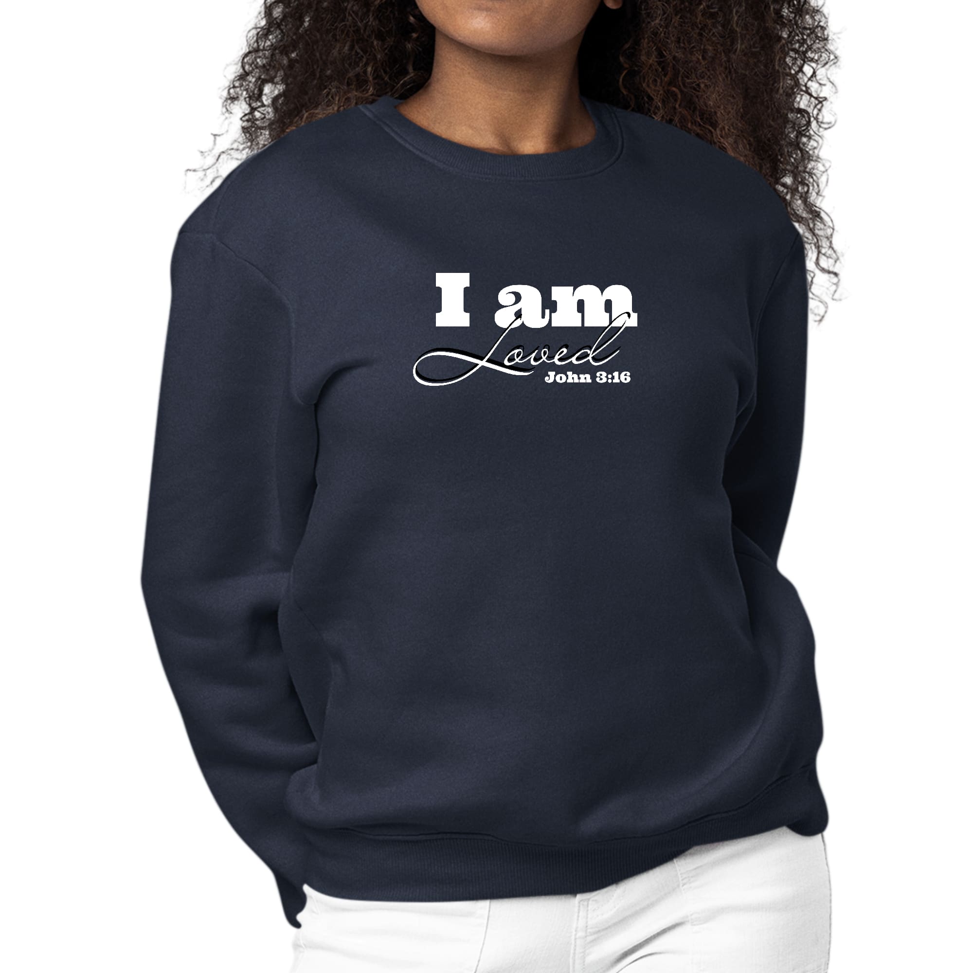 Women's long sleeve graphic sweatshirt with 'I Am Loved' John 3:16 illustration, featuring a comfortable crewneck design.