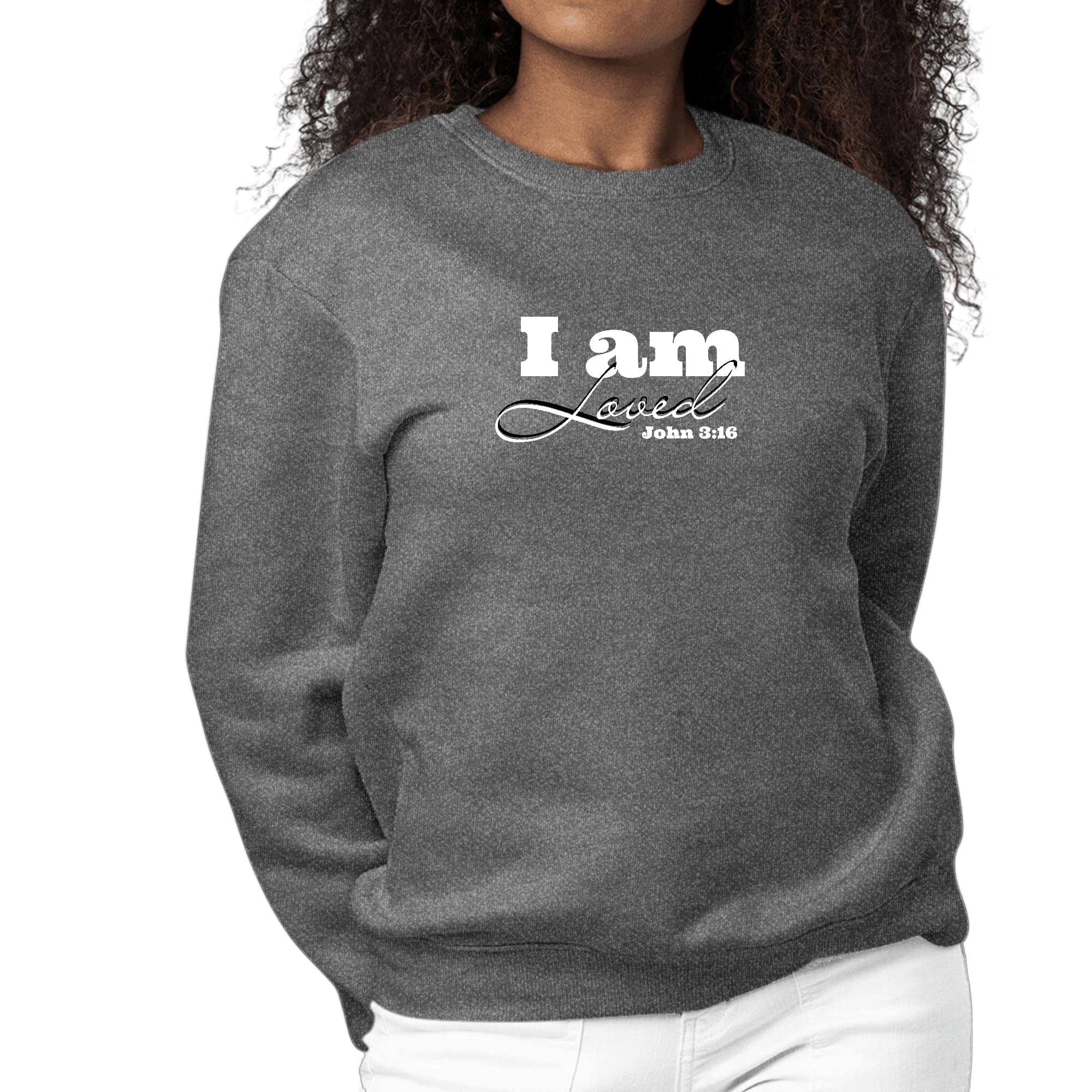 Women's long sleeve graphic sweatshirt with 'I Am Loved' John 3:16 illustration, featuring a comfortable crewneck design.