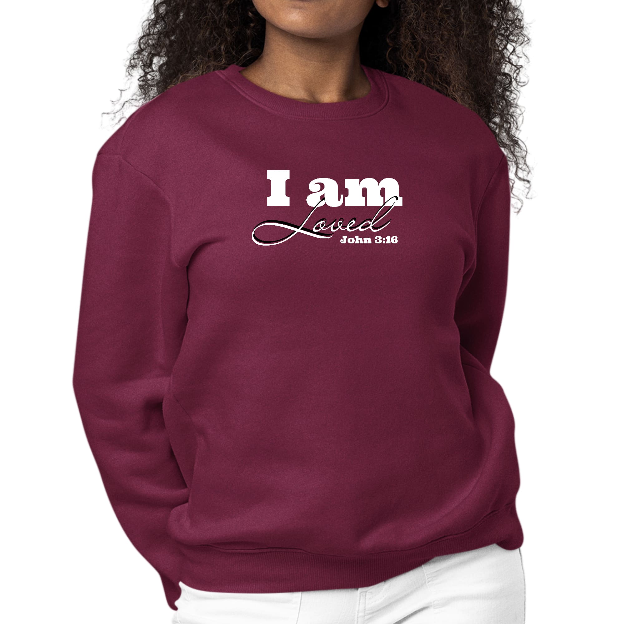 Women's long sleeve graphic sweatshirt with 'I Am Loved' John 3:16 illustration, featuring a comfortable crewneck design.