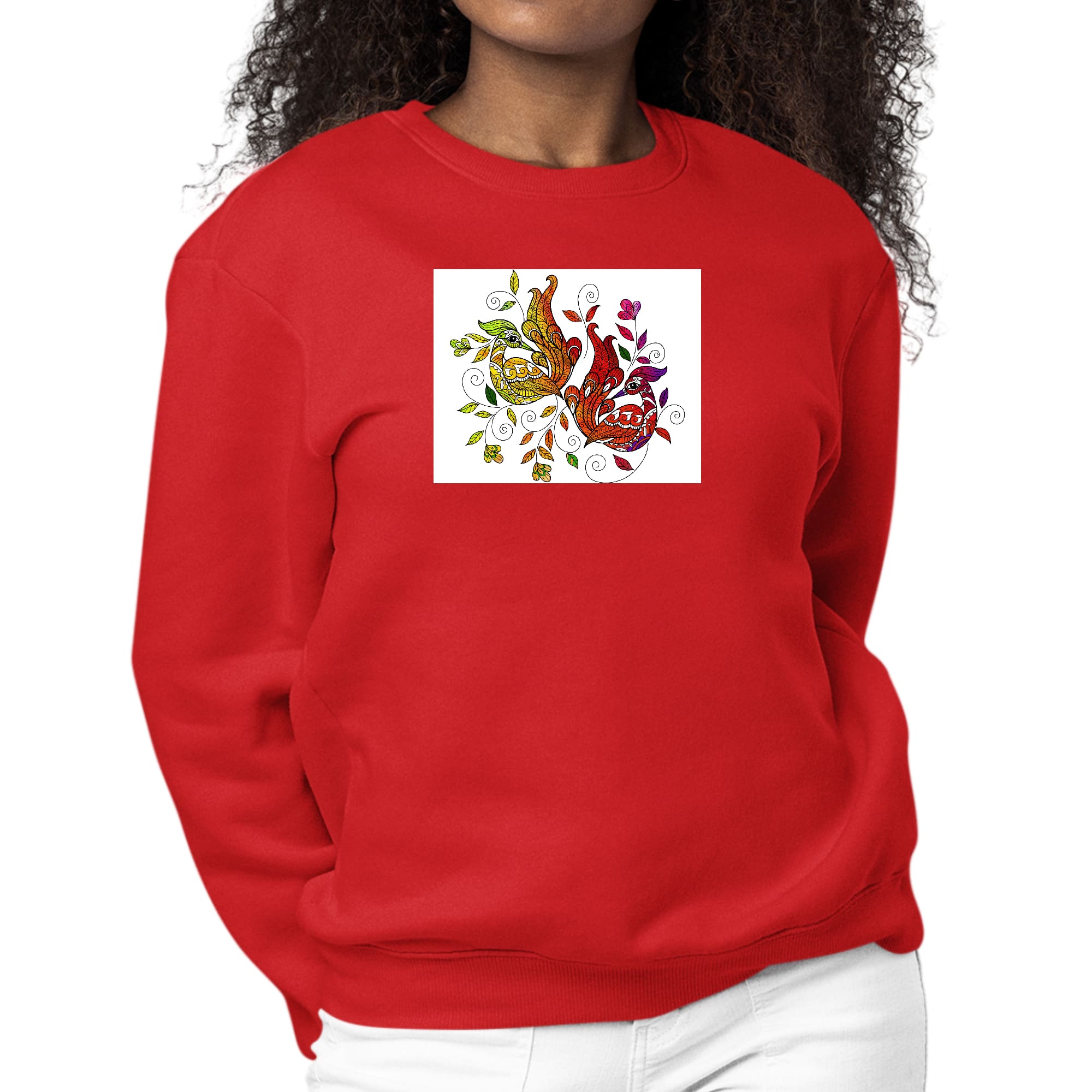 Womens Graphic Sweatshirt featuring 'I Shall Not Be Weary' with a vibrant Wild Peacock Print, showcasing a cozy pullover design.