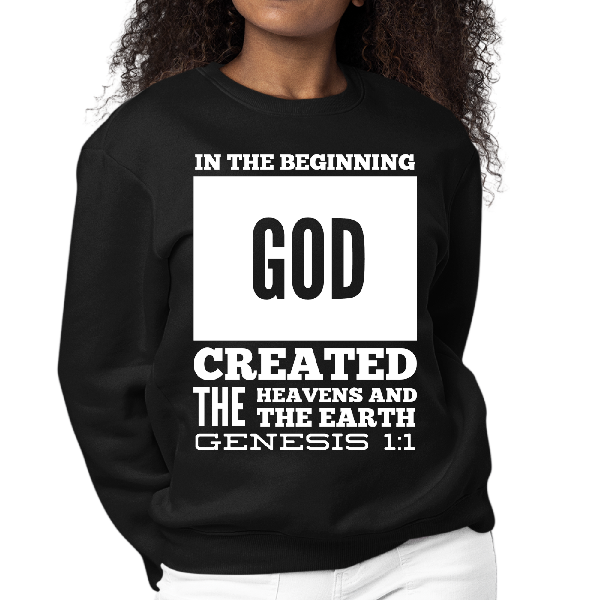 Women's Graphic Sweatshirt featuring 'In The Beginning' scripture print, showcasing a comfortable crewneck design and long sleeves.