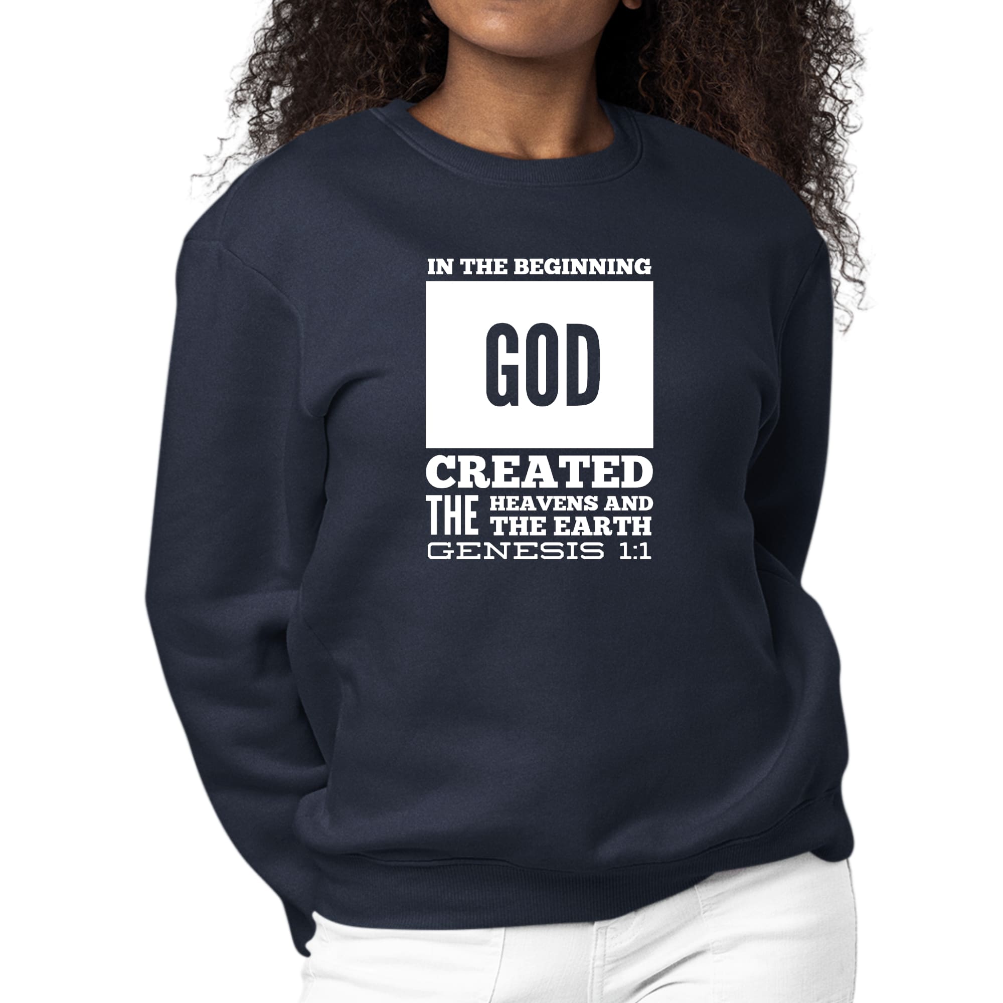 Women's Graphic Sweatshirt featuring 'In The Beginning' scripture print, showcasing a comfortable crewneck design and long sleeves.