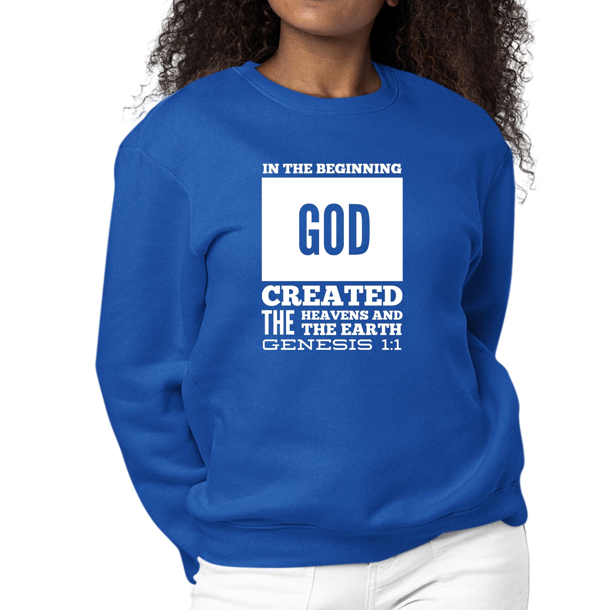 Women's Graphic Sweatshirt featuring 'In The Beginning' scripture print, showcasing a comfortable crewneck design and long sleeves.