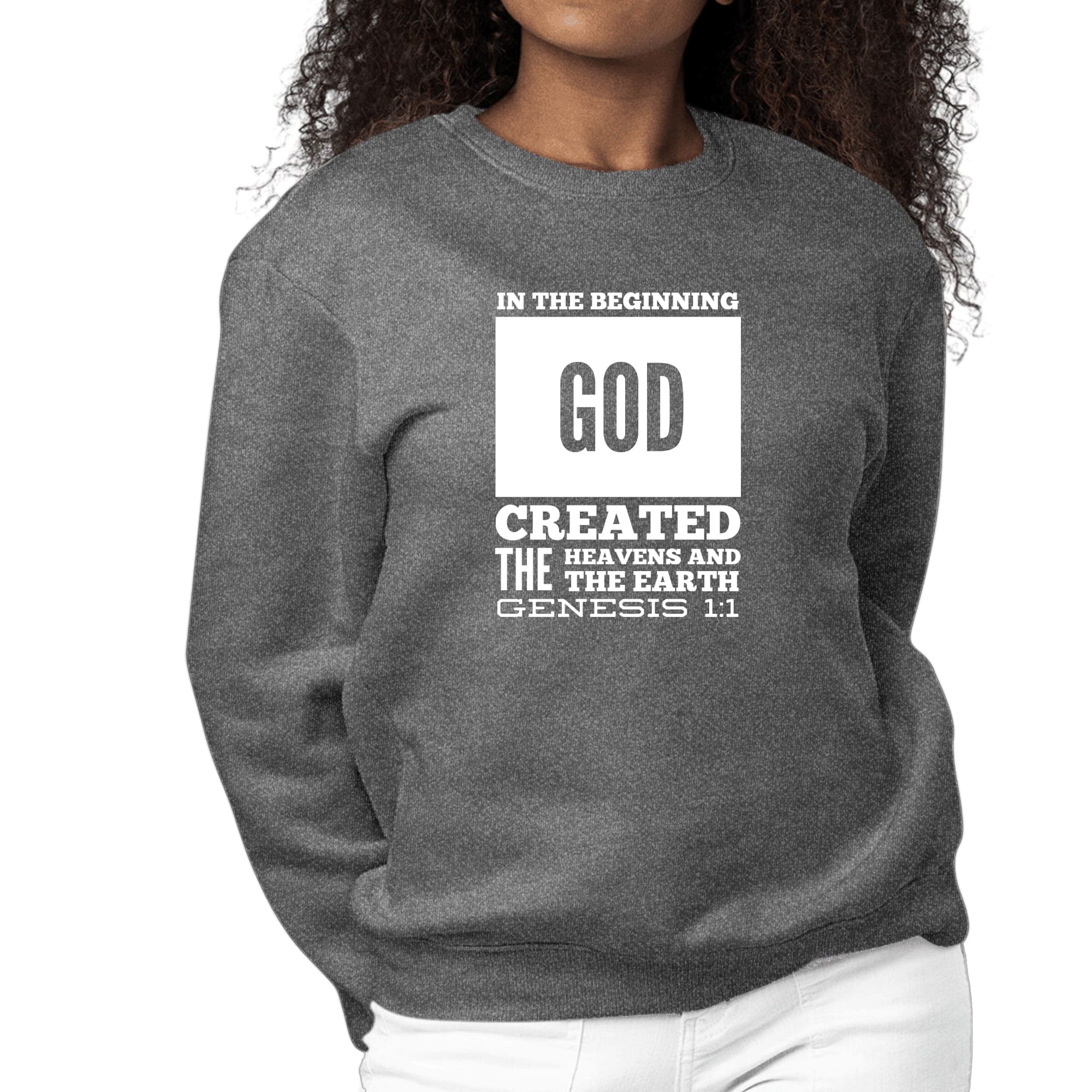 Women's Graphic Sweatshirt featuring 'In The Beginning' scripture print, showcasing a comfortable crewneck design and long sleeves.