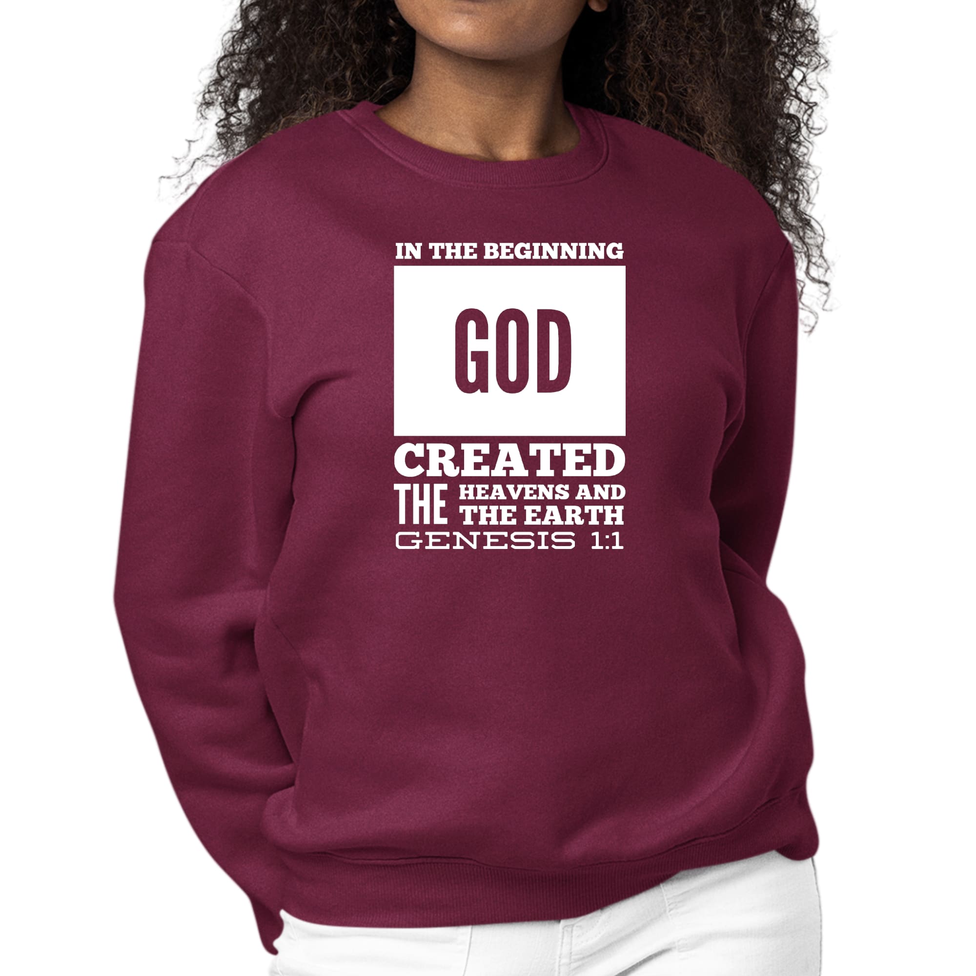 Women's Graphic Sweatshirt featuring 'In The Beginning' scripture print, showcasing a comfortable crewneck design and long sleeves.