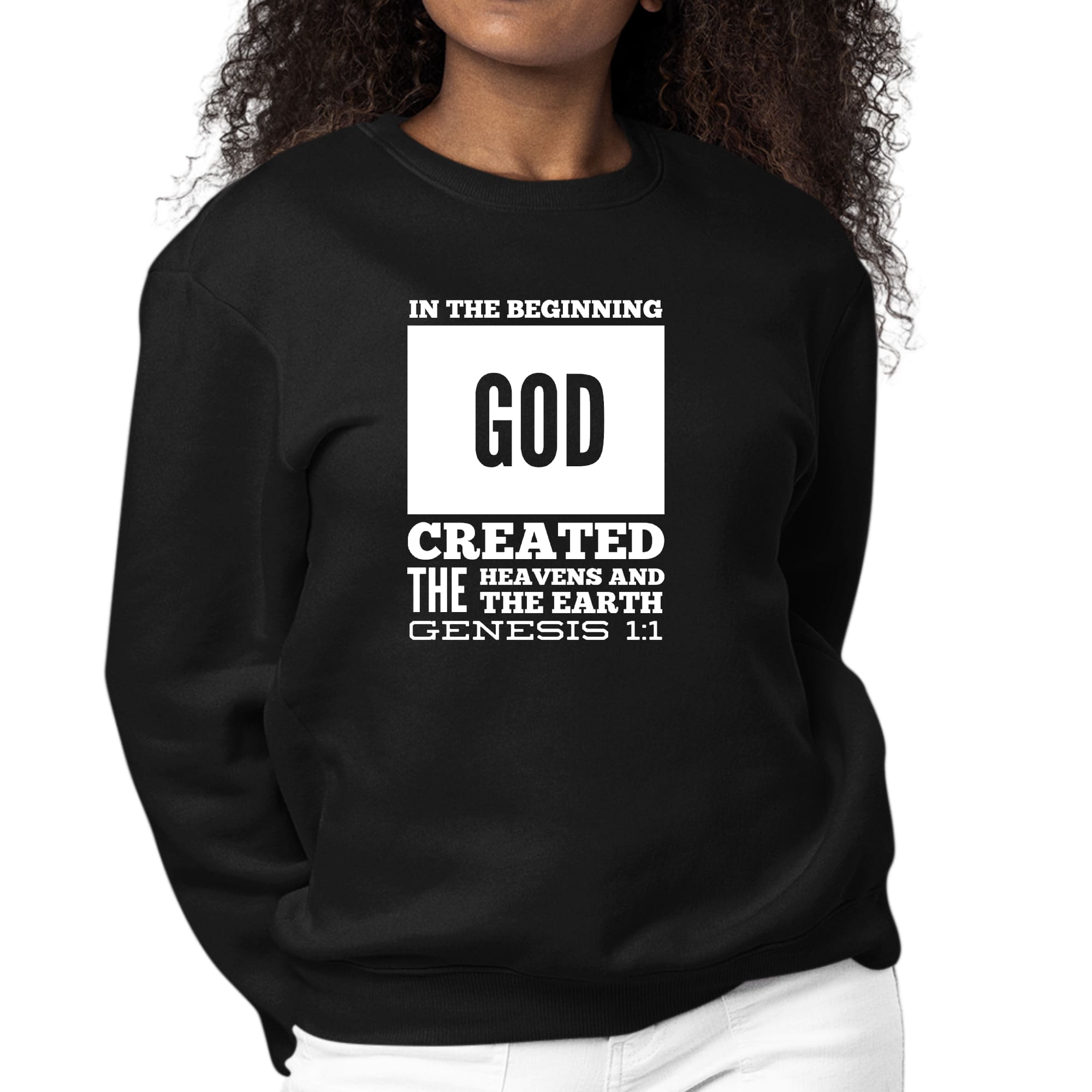 Women's Graphic Sweatshirt featuring 'In The Beginning' scripture print, showcasing a comfortable crewneck design and long sleeves.