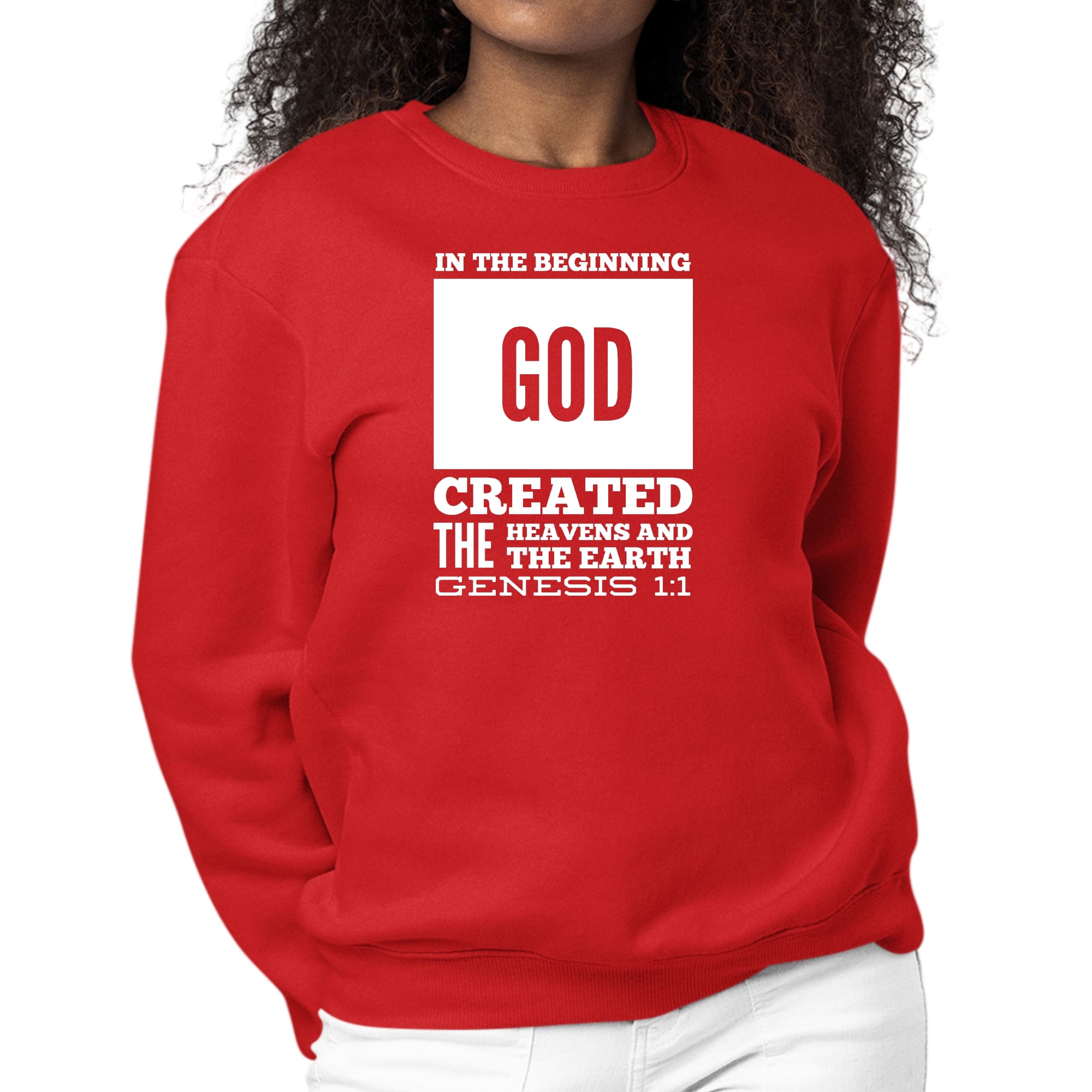 Women's Graphic Sweatshirt featuring 'In The Beginning' scripture print, showcasing a comfortable crewneck design and long sleeves.