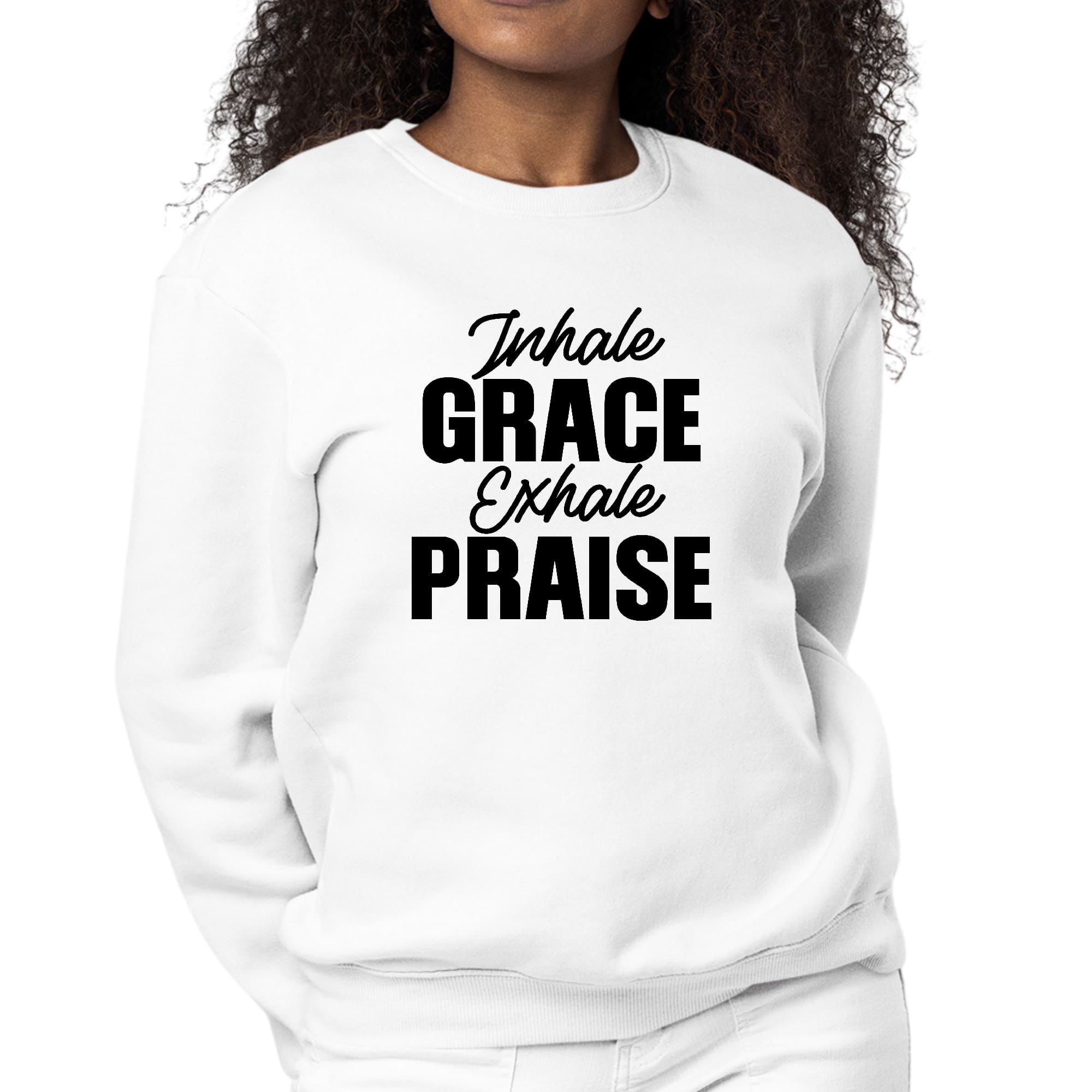 Womens Graphic Sweatshirt in Black featuring 'Inhale Grace Exhale Praise' design, showcasing a soft fabric and unisex fit.