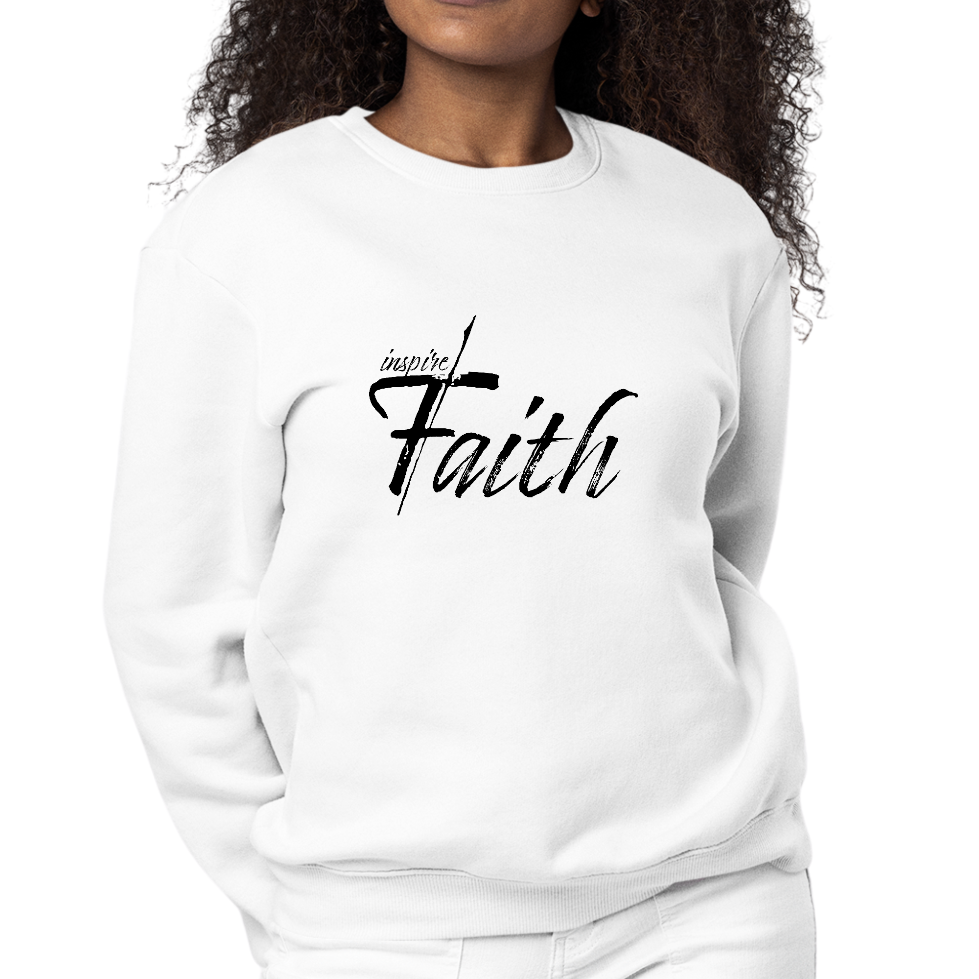 Womens Graphic Sweatshirt featuring Inspire Faith Black Print, showcasing a cozy fleece design and classic crewneck style.