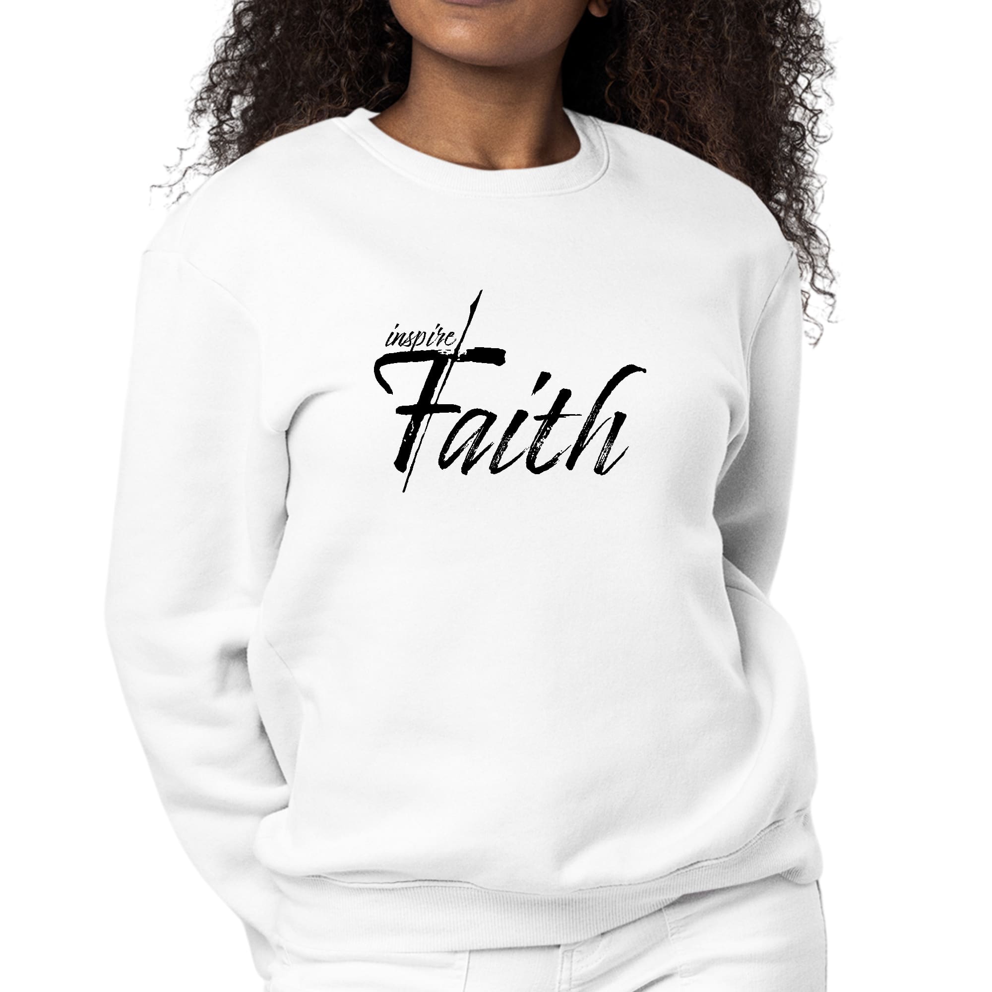 Womens Graphic Sweatshirt featuring Inspire Faith Black Print, showcasing a cozy fleece design and classic crewneck style.