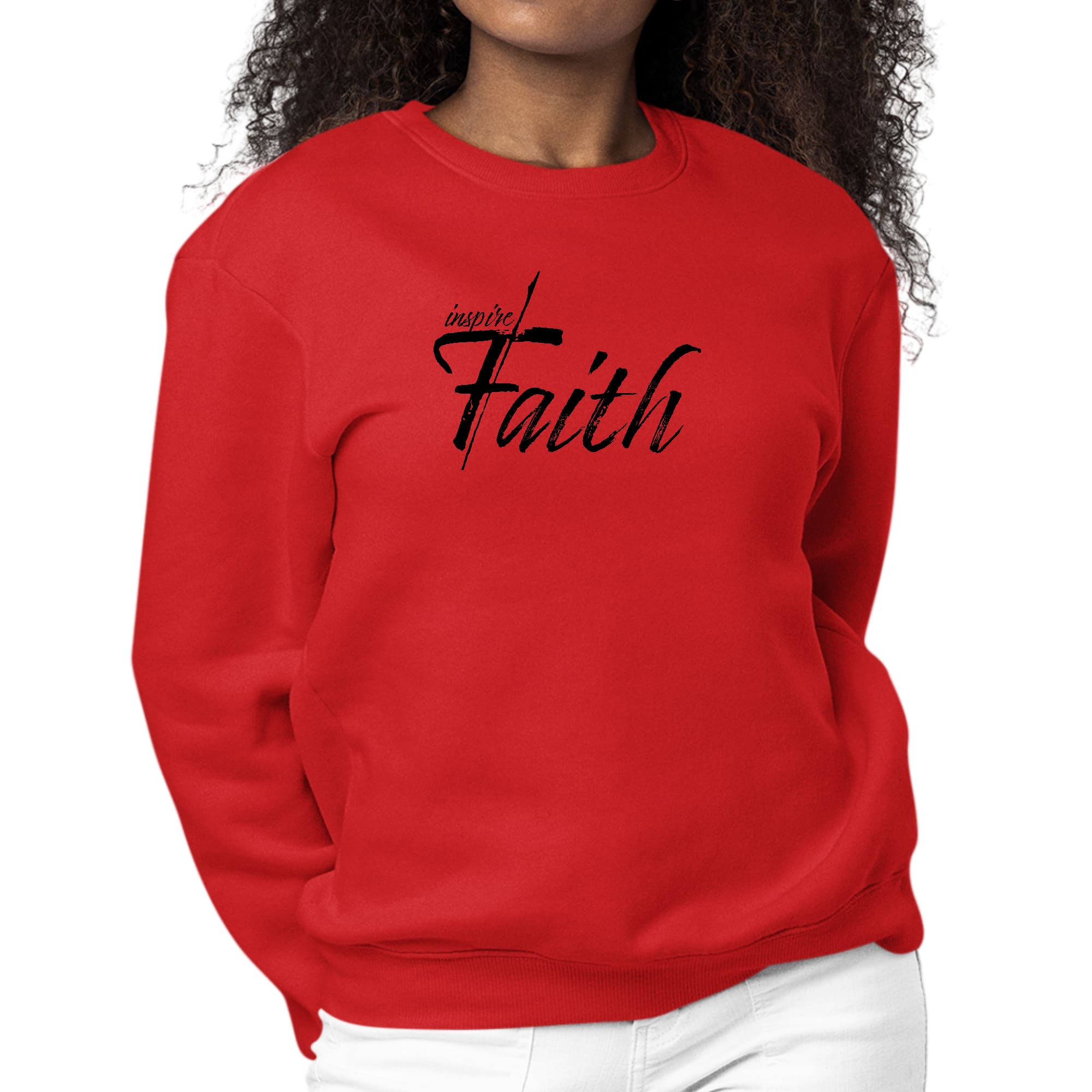 Womens Graphic Sweatshirt featuring Inspire Faith Black Print, showcasing a cozy fleece design and classic crewneck style.