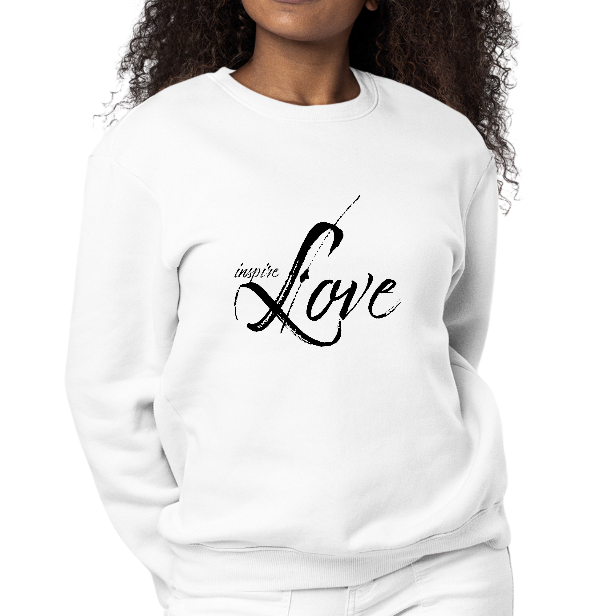 Womens Graphic Sweatshirt in cozy fleece with 'Inspire Love' design, featuring ribbed collar and cuffs, available in multiple colors.
