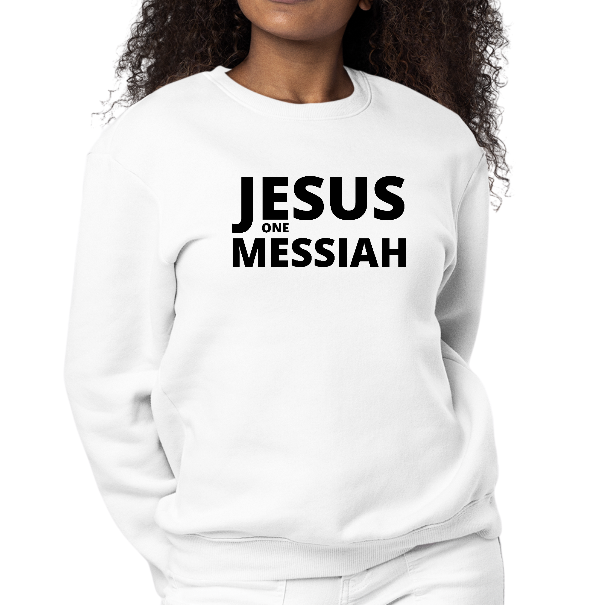 Women's Graphic Sweatshirt featuring a black illustration of Jesus, showcasing a stylish and comfortable design.
