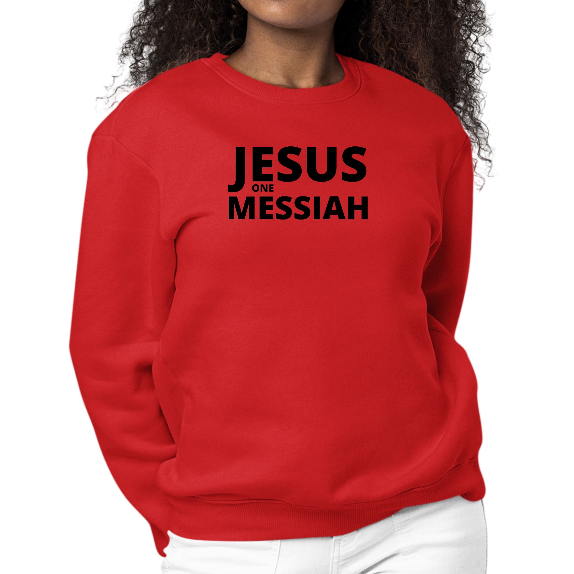 Women's Graphic Sweatshirt featuring a black illustration of Jesus, showcasing a stylish and comfortable design.