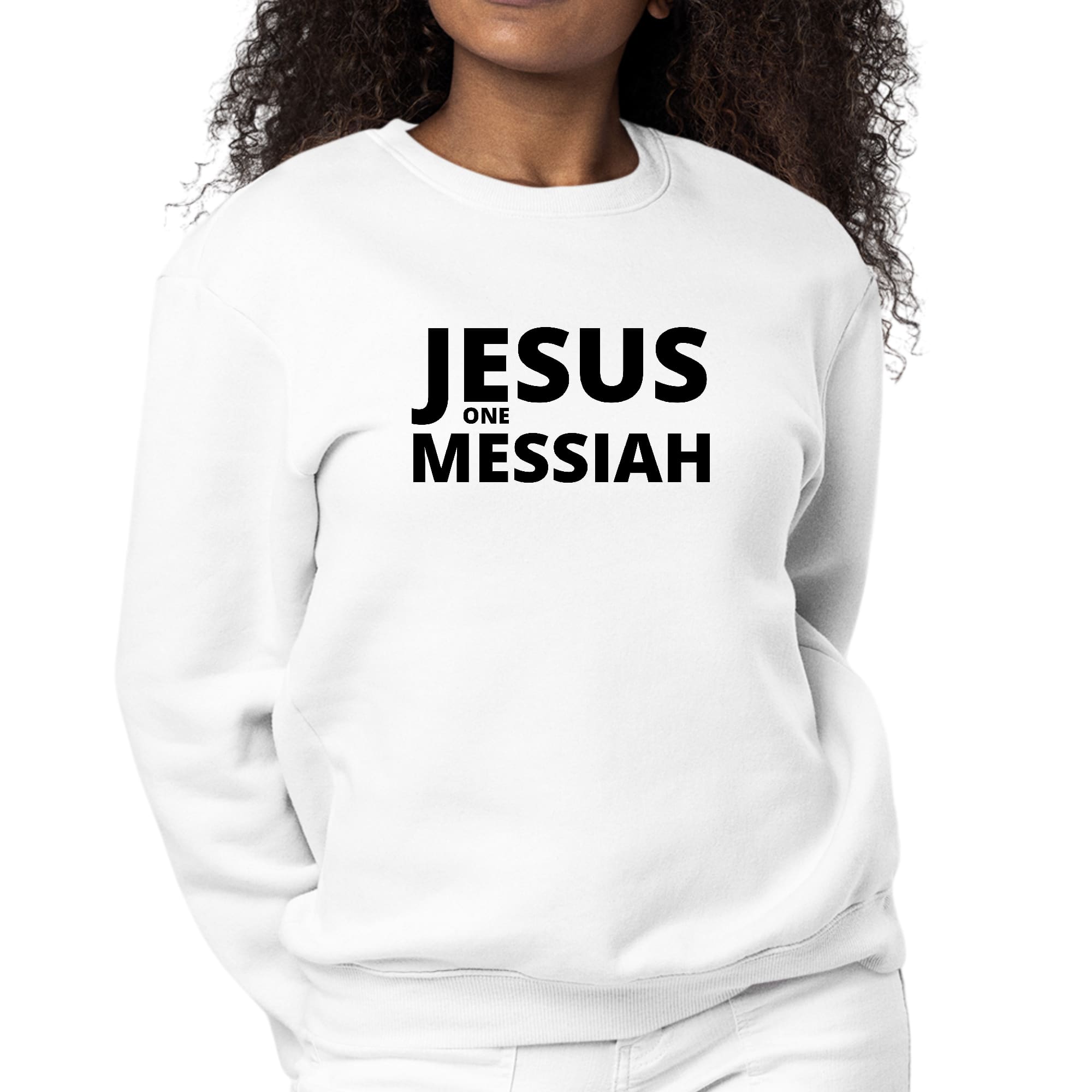 Women's Graphic Sweatshirt featuring a black illustration of Jesus, showcasing a stylish and comfortable design.