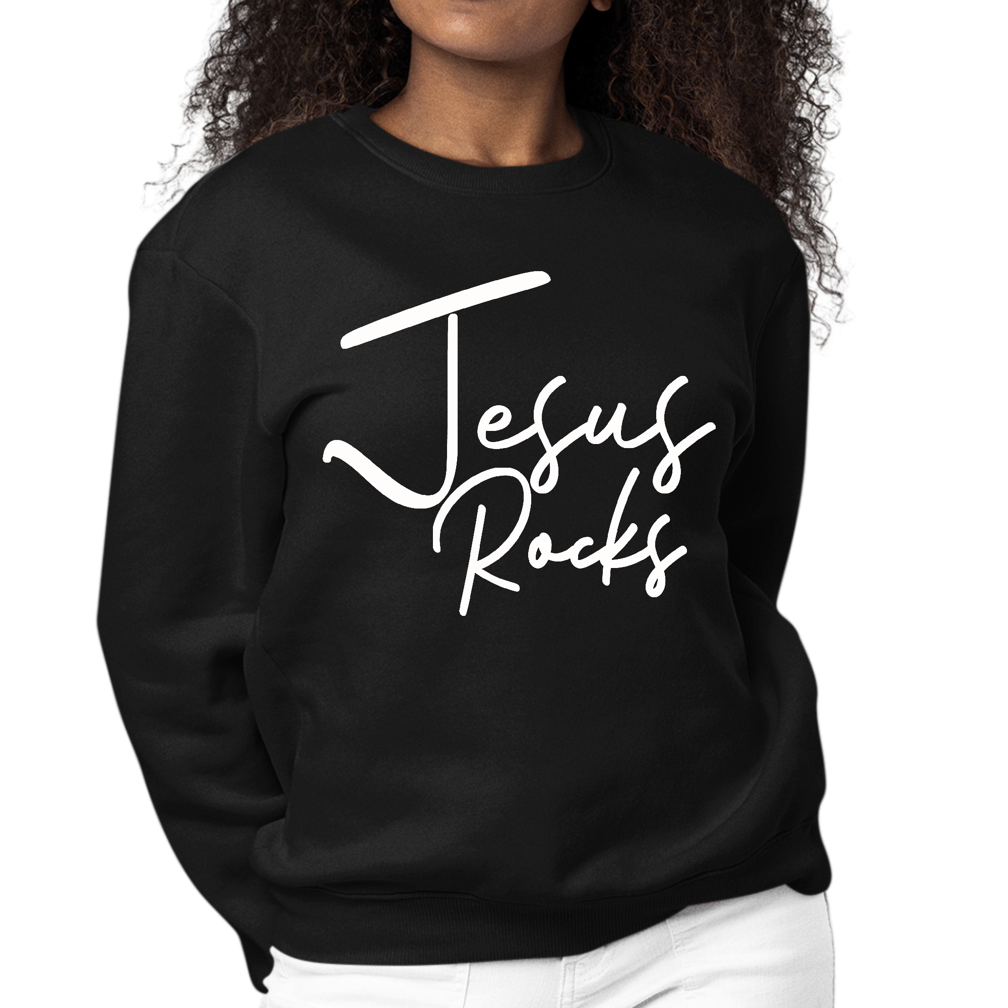 Women's long sleeve crewneck sweatshirt with 'Jesus Rocks' graphic print, featuring ribbed collar and cuffs, made from durable cotton-polyester blend.