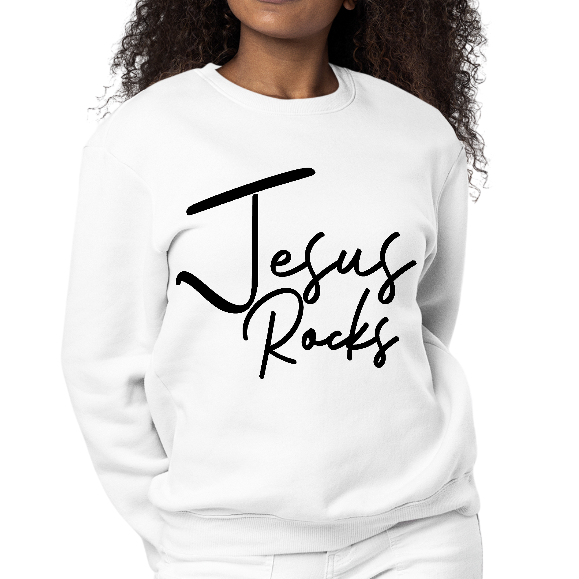 Women's black sweatshirt featuring a bold 'Jesus Rocks' graphic print, designed for comfort and style.