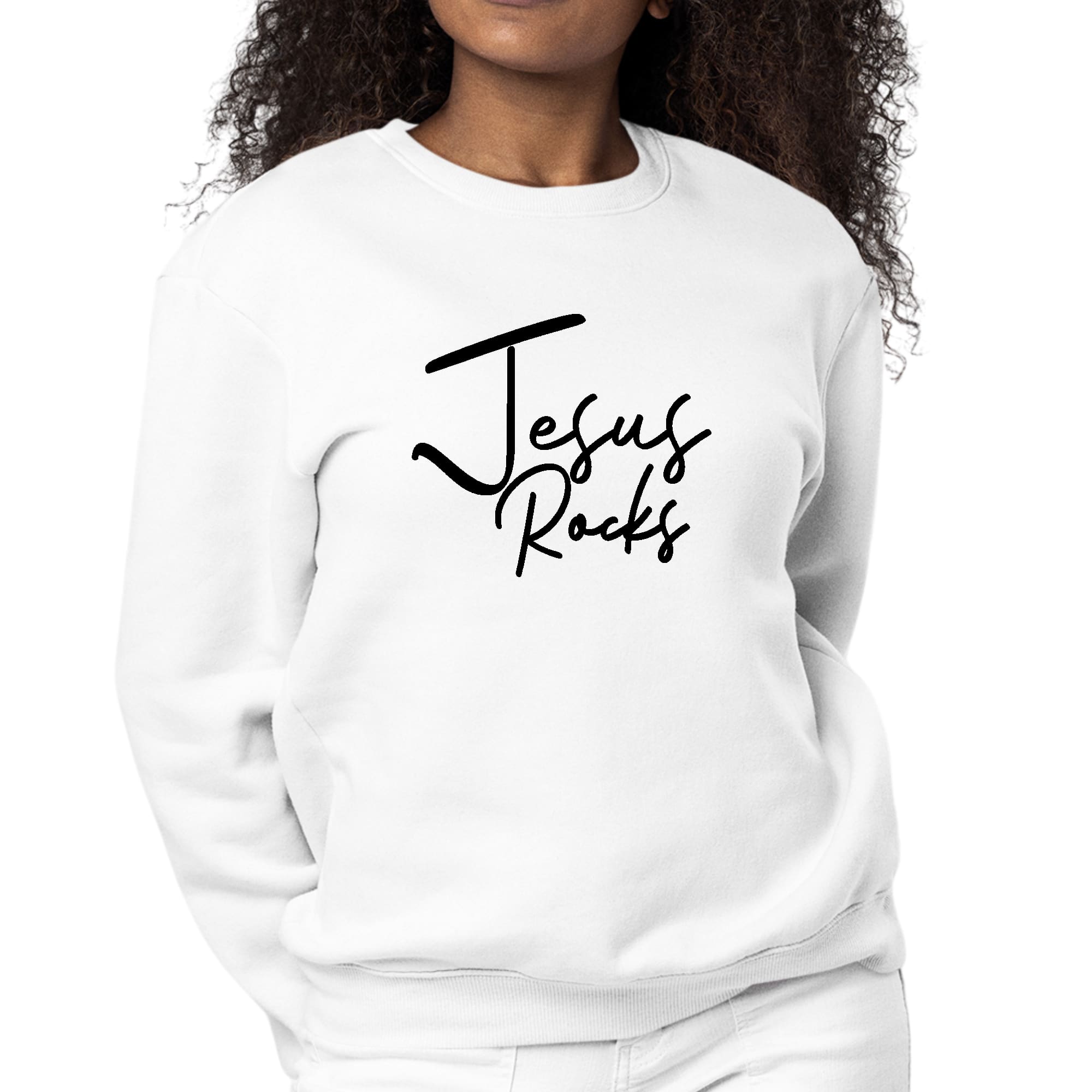 Women's black sweatshirt featuring a bold 'Jesus Rocks' graphic print, designed for comfort and style.