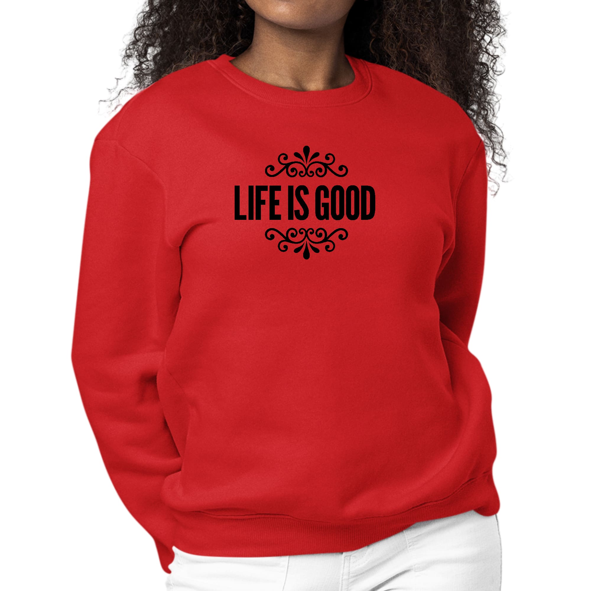 Women's black graphic sweatshirt with 'Life is Good' word art illustration, featuring long sleeves and a comfortable crewneck design.