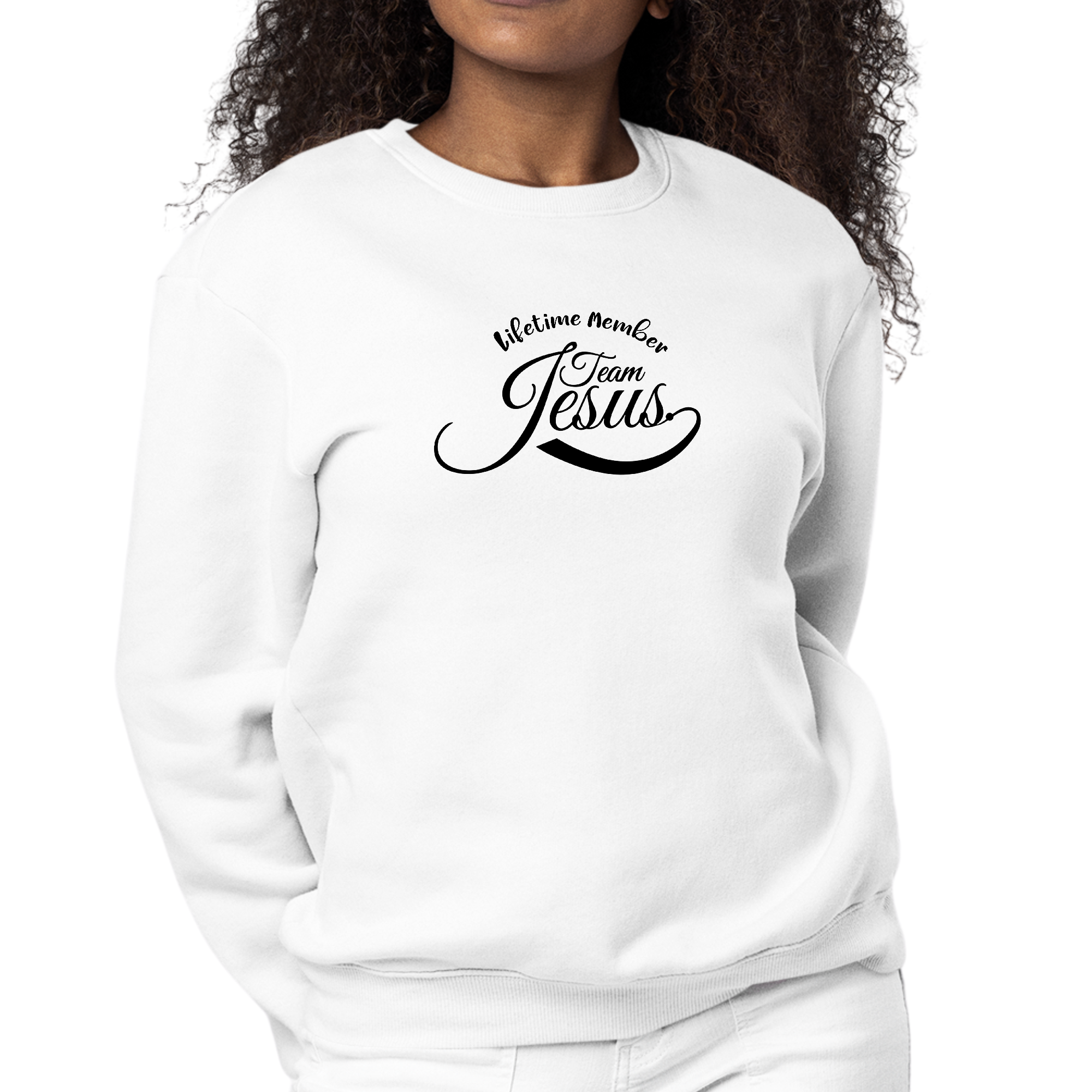 Womens Graphic Sweatshirt featuring Lifetime Member Team Jesus illustration in black, showcasing a cozy and stylish design.