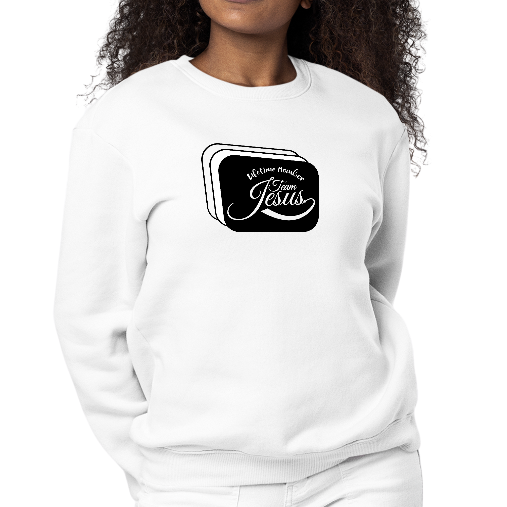 Womens Graphic Sweatshirt featuring Lifetime Member Team Jesus illustration in black and white, showcasing a cozy pullover design.