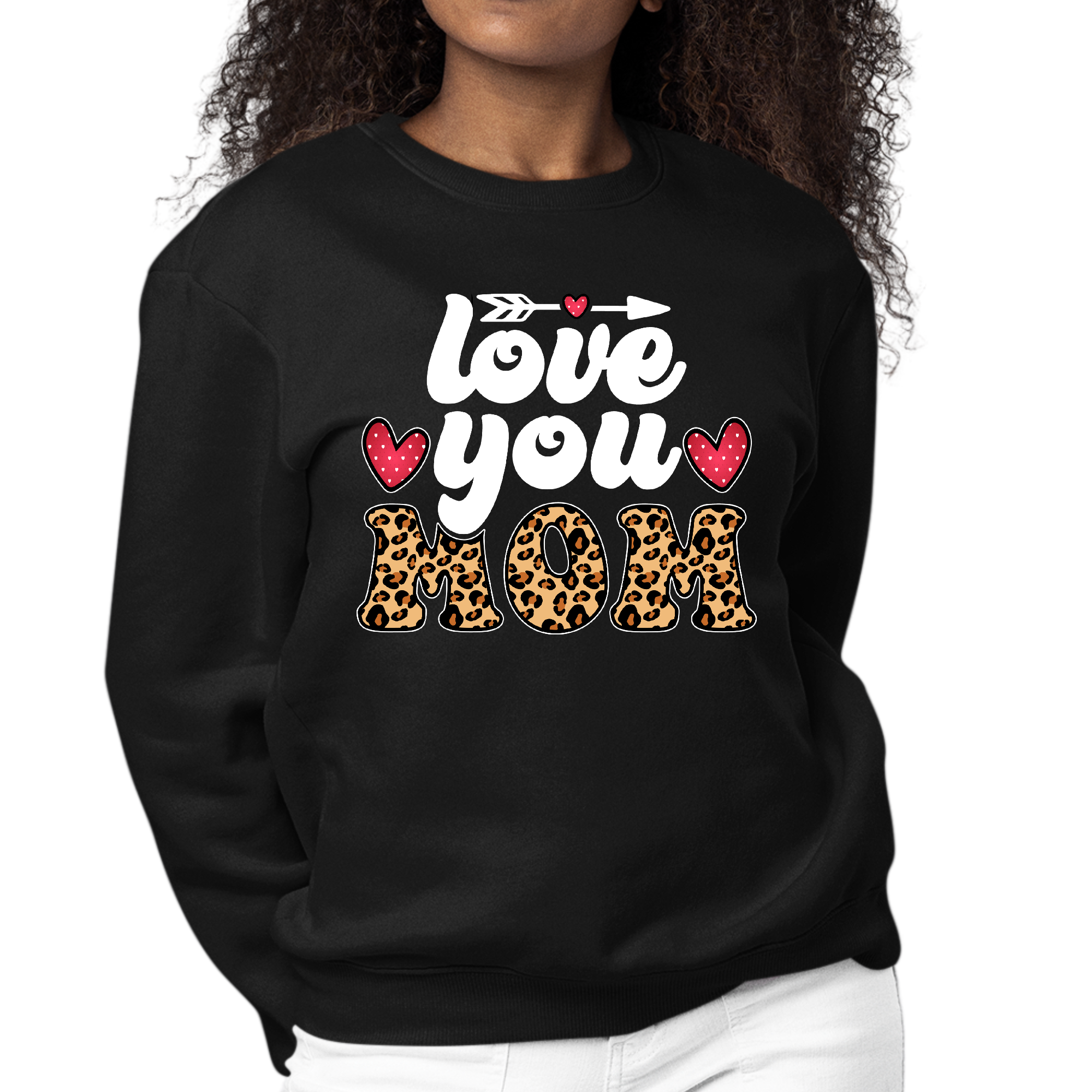 Women's Graphic Sweatshirt featuring 'Love You Mom' in leopard print design, perfect for Mother's Day gifts.