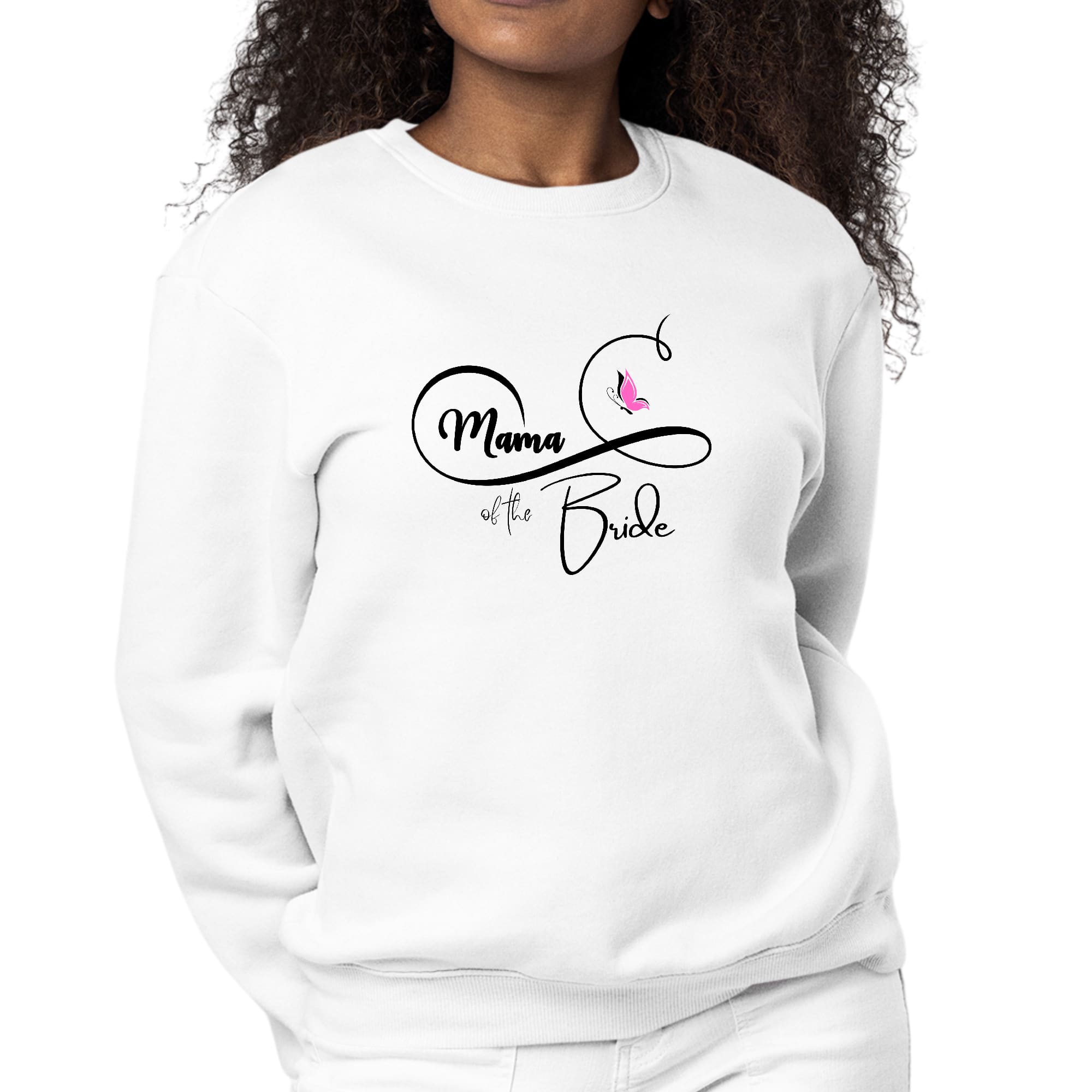 Womens Graphic Sweatshirt in pink with 'Mama of the Bride' text and butterfly illustration, showcasing cozy fleece material and classic crewneck design.