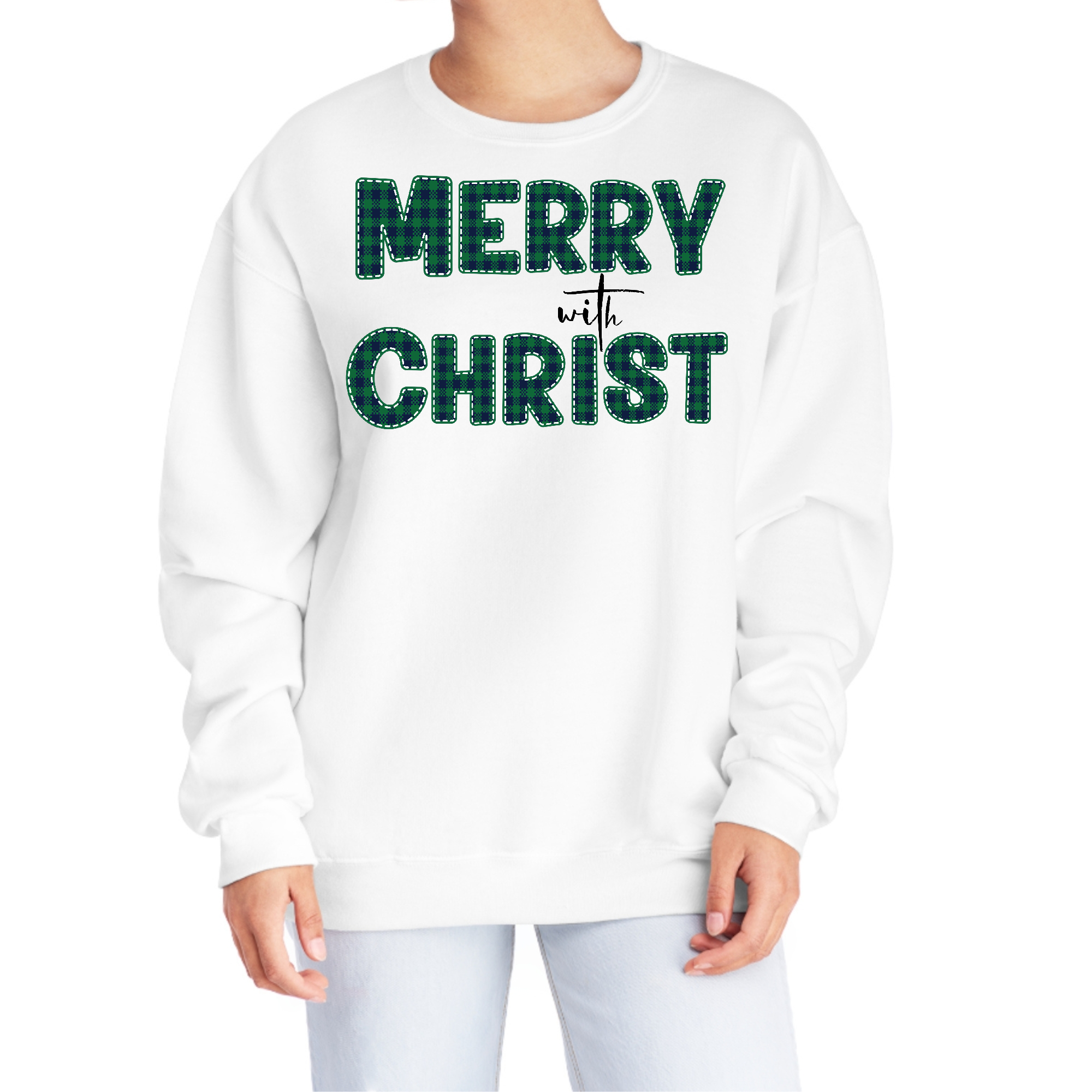 Women's Graphic Sweatshirt in Green Plaid with Merry with Christ design, showcasing a cozy and festive look for the holiday season.