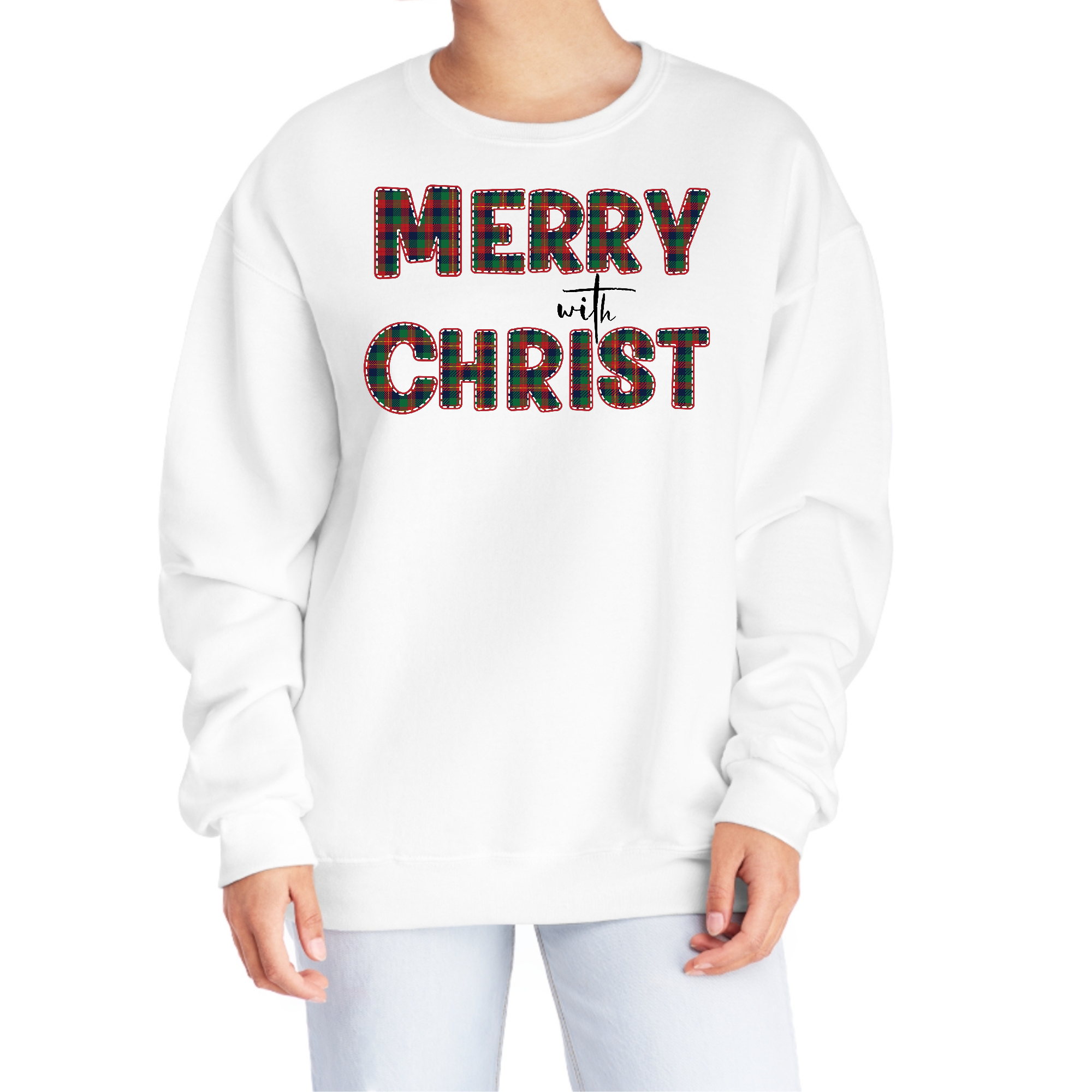 Women's graphic sweatshirt in red and green plaid with Merry with Christ design, showcasing a cozy and festive style.