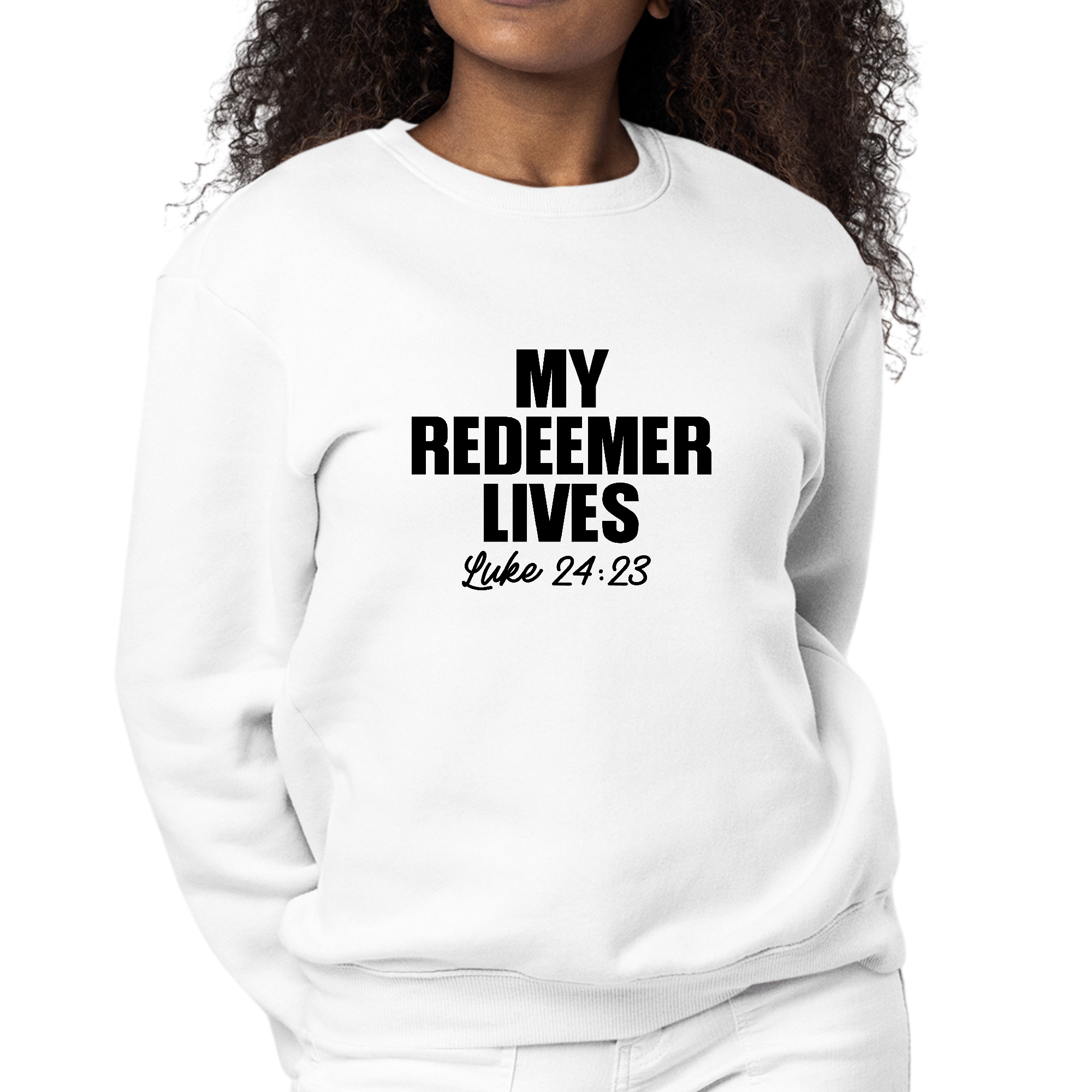 Women's Graphic Sweatshirt featuring 'My Redeemer Lives' print, showcasing a cozy fleece design with ribbed collar and cuffs.